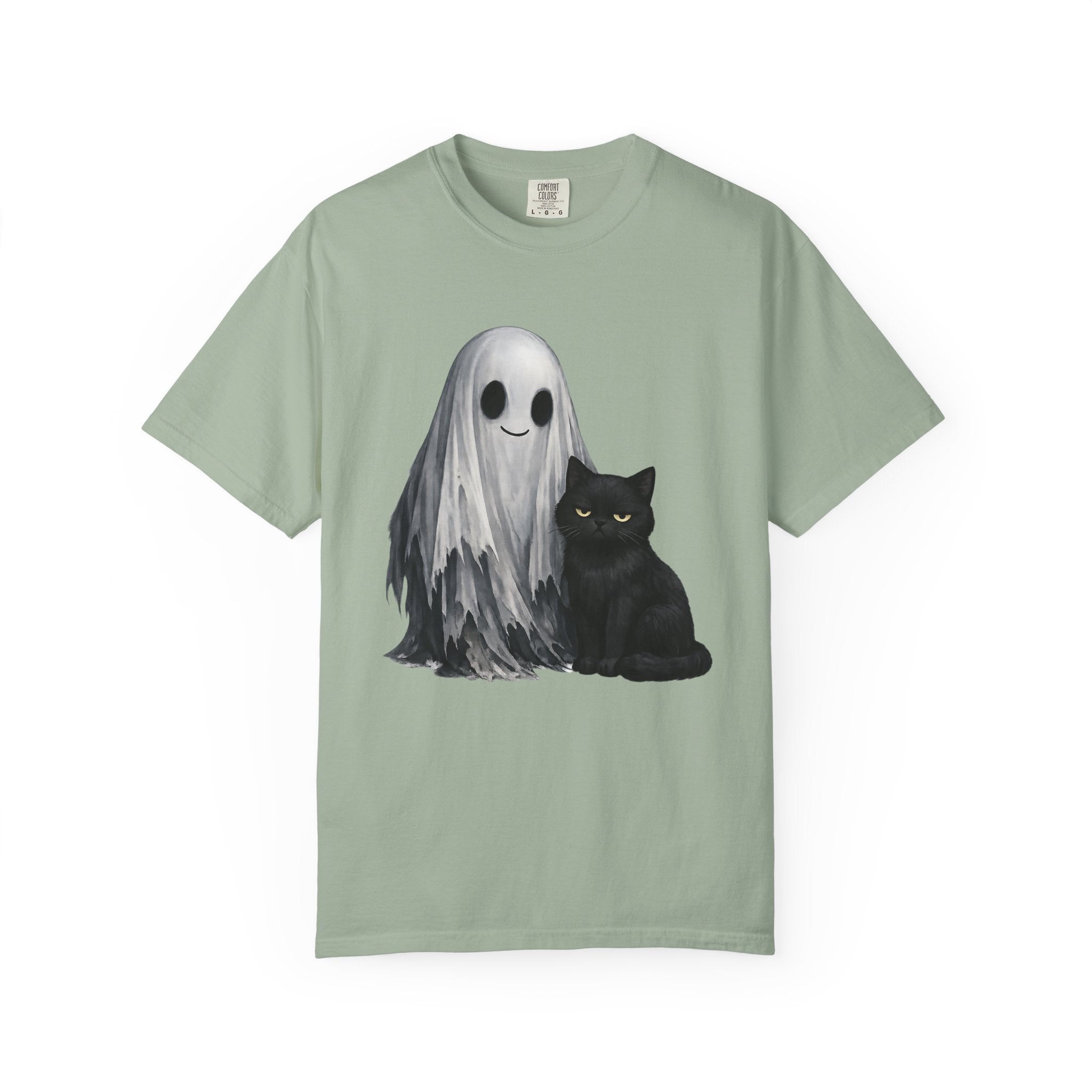 Ghost and Black Cat T-Shirt Cute Halloween Spirit Tee meh cat and smiling ghost shirt