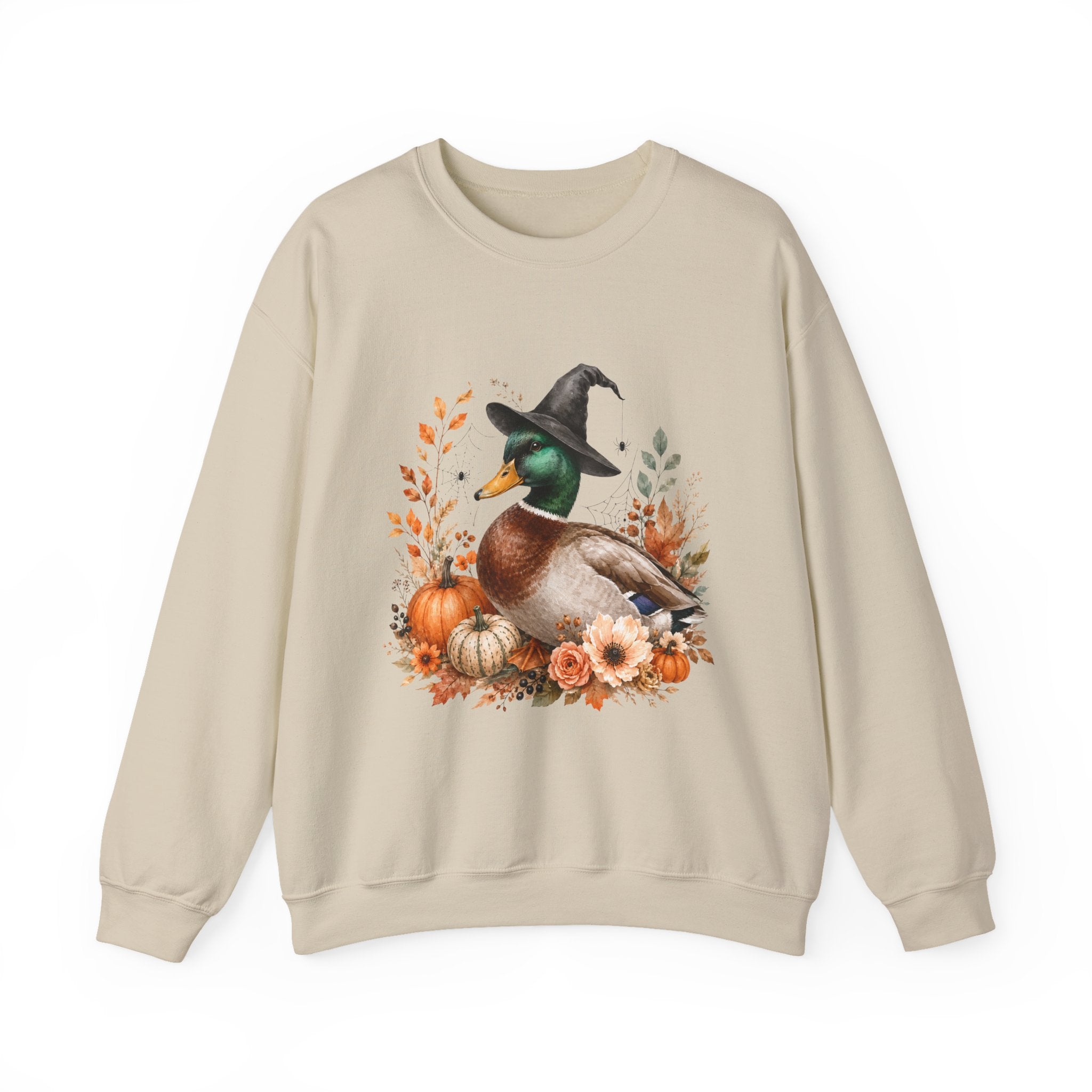 Mallard Duck with Witch Hat sweater Autumn Pumpkins & Flowers Halloween hoodie spookky orange vintage cottage core simple sweatshirt