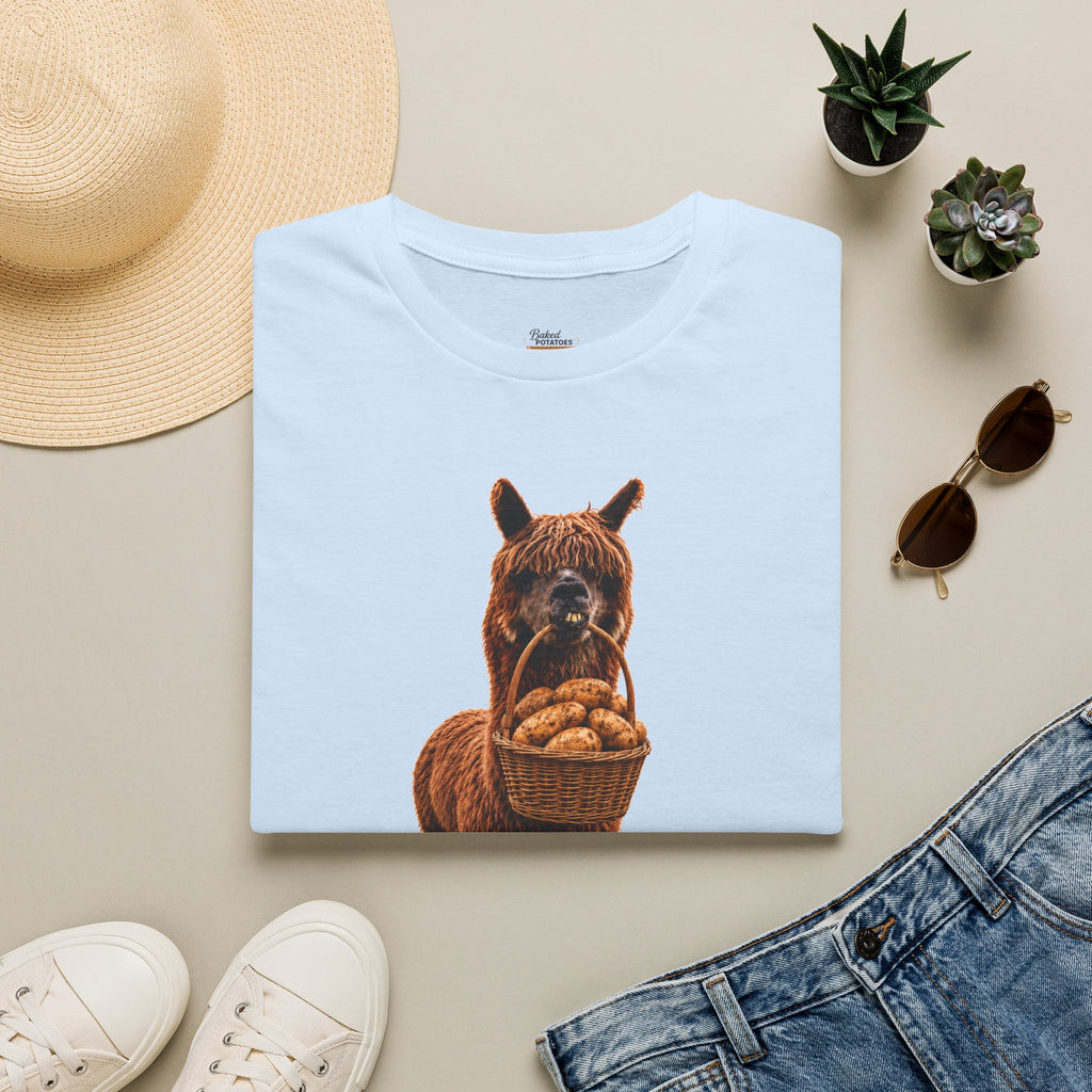 Alpaca Holding Potatoes T‑Shirt — "Not Touchy My Spuds" Cute Farm Animal Tee