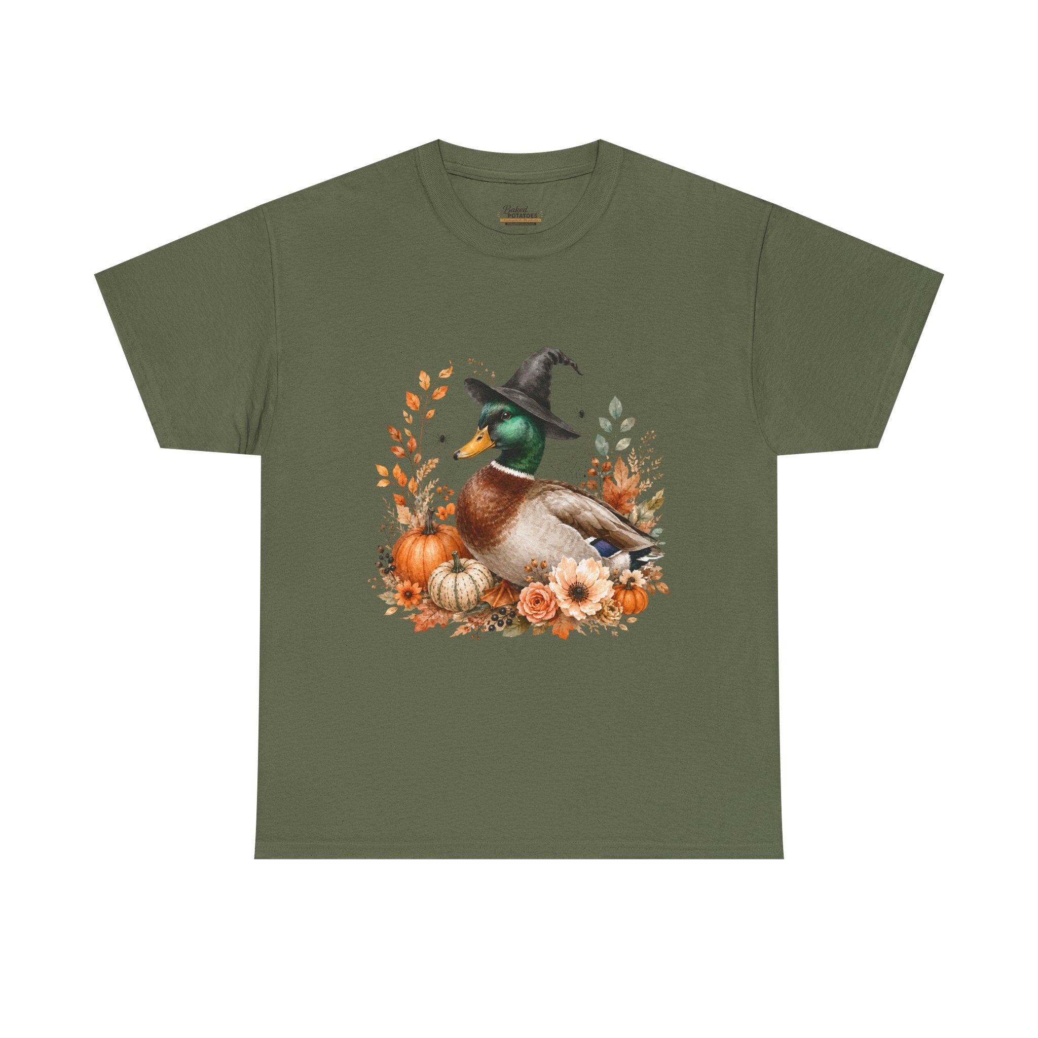 Mallard Duck with Witch Hat T-Shirt Autumn Pumpkins & Flowers Halloween