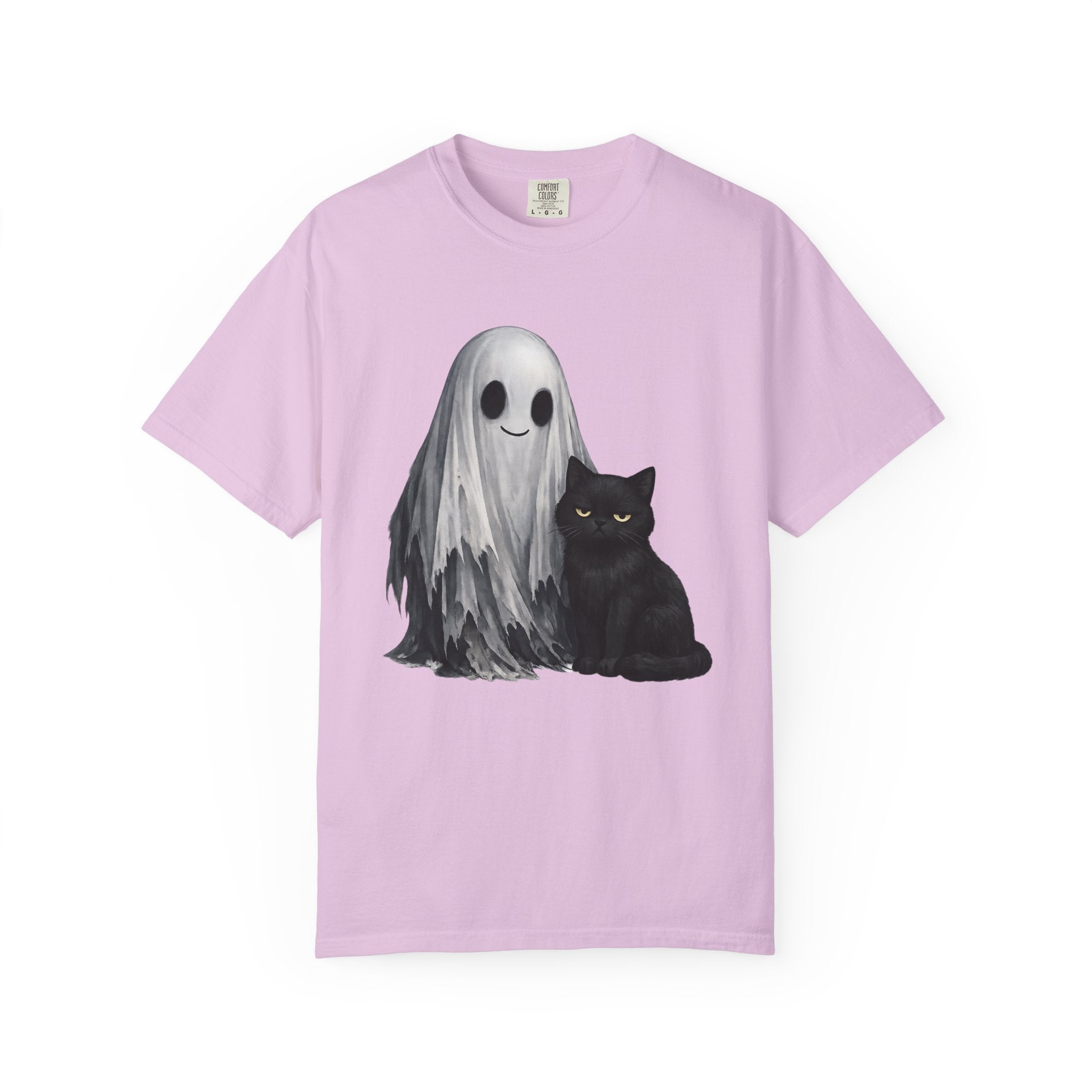 Ghost and Black Cat T-Shirt Cute Halloween Spirit Tee meh cat and smiling ghost shirt