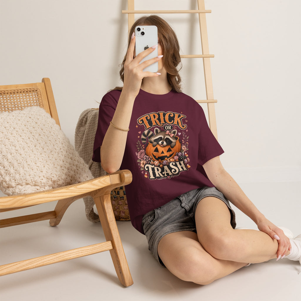 Trick or Trash Halloween T-Shirt — Pumpkin, Raccoon & Jack-o'-Lantern Candy Graphic