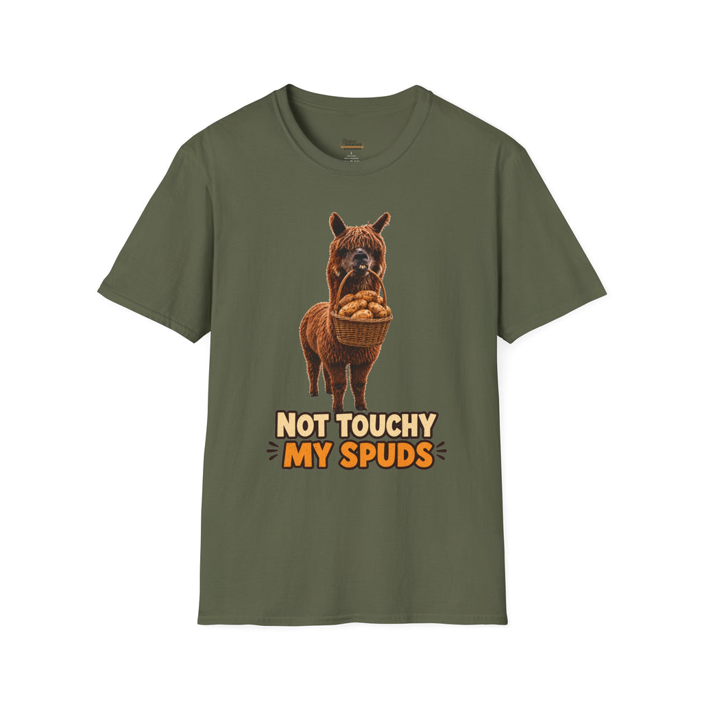 Alpaca Holding Potatoes T‑Shirt — "Not Touchy My Spuds" Cute Farm Animal Tee