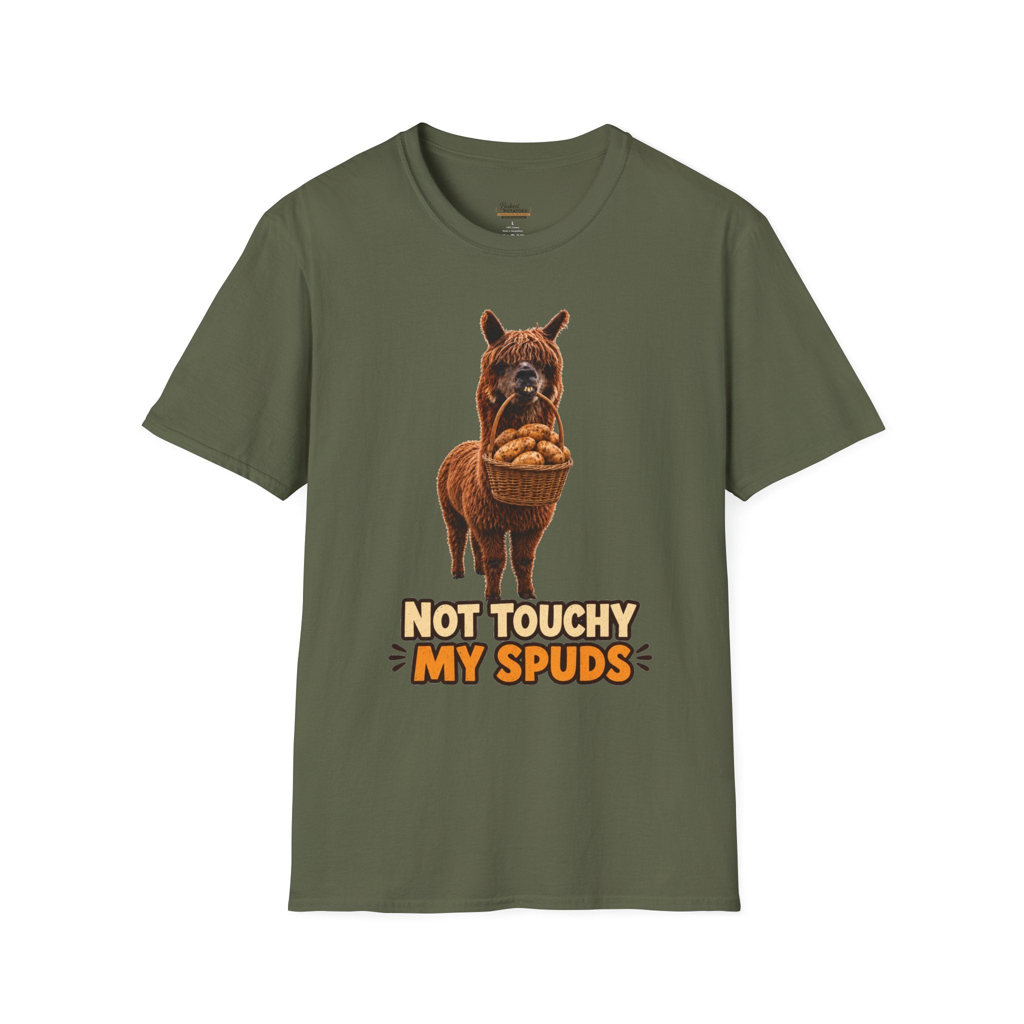 Alpaca Holding Potatoes T‑Shirt — "Not Touchy My Spuds" Cute Farm Animal Tee