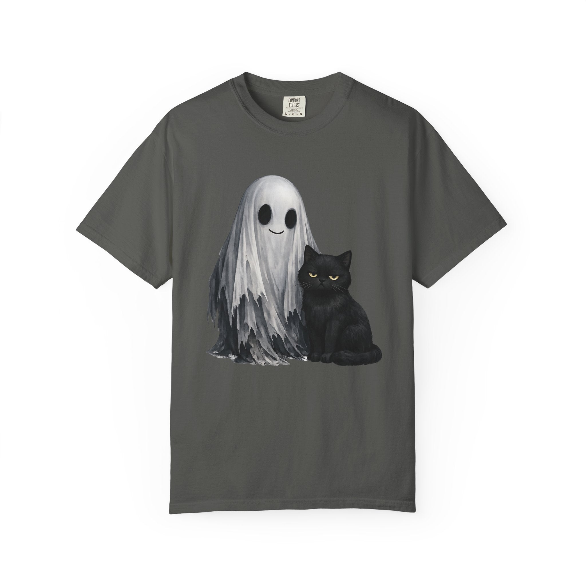 Ghost and Black Cat T-Shirt Cute Halloween Spirit Tee meh cat and smiling ghost shirt
