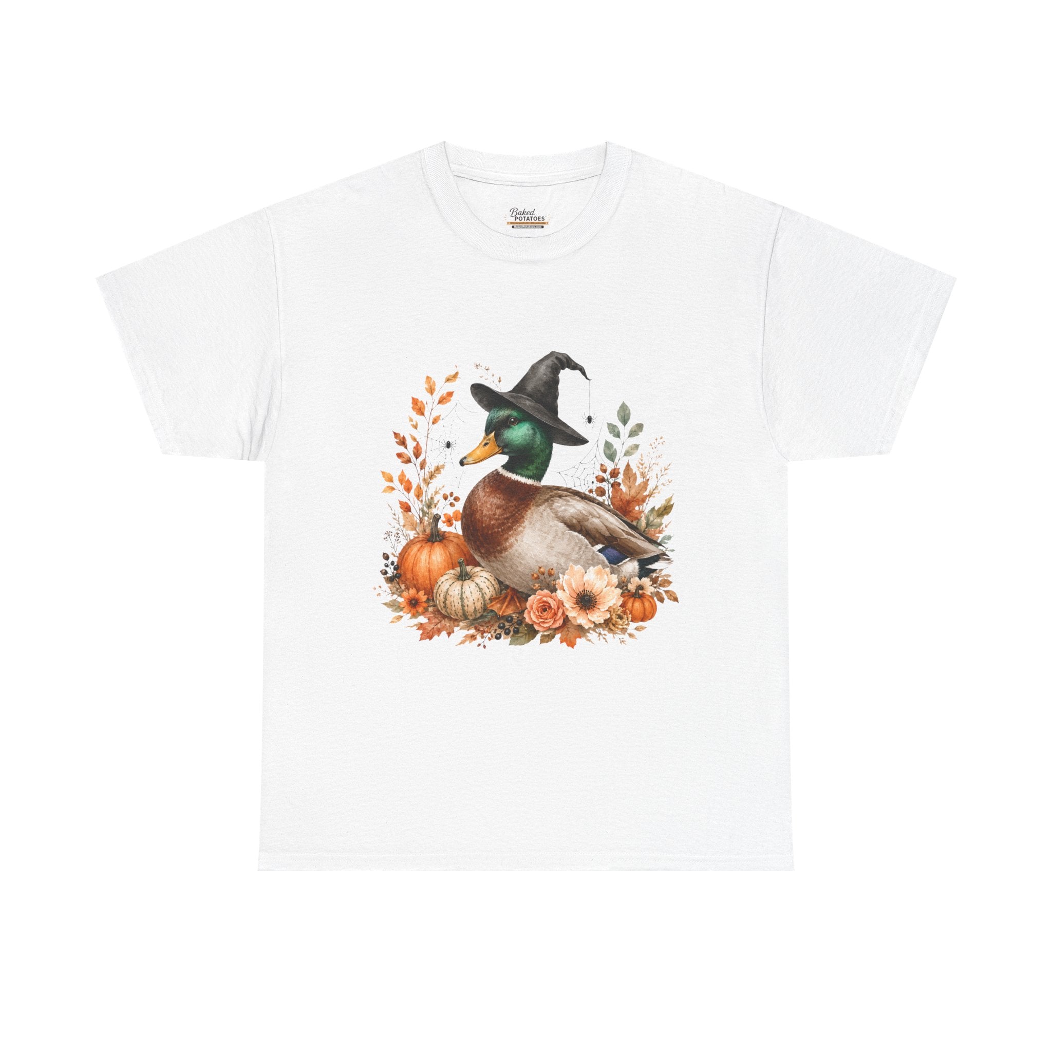 Mallard Duck with Witch Hat T-Shirt Autumn Pumpkins & Flowers Halloween