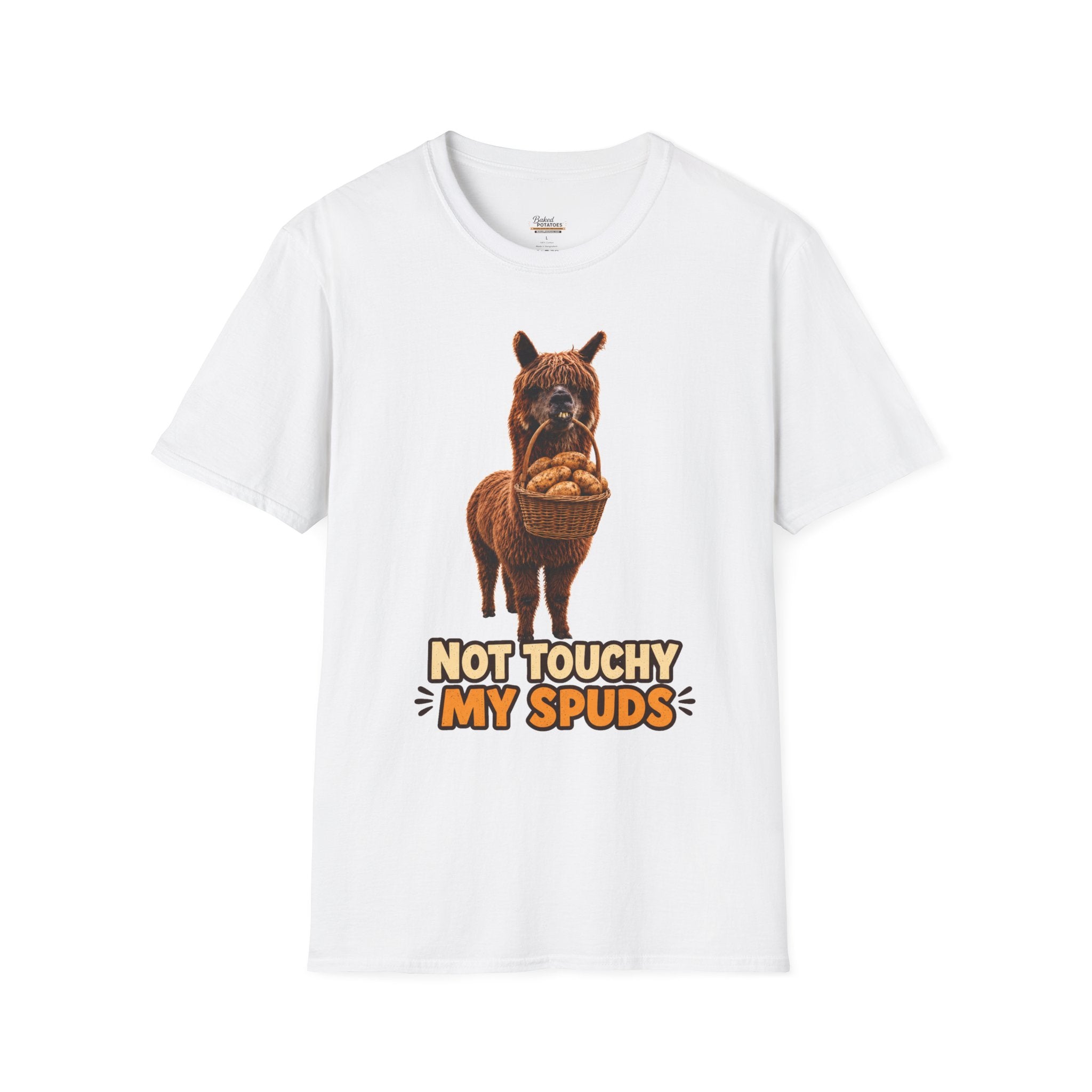 Alpaca Holding Potatoes T‑Shirt — "Not Touchy My Spuds" Cute Farm Animal Tee