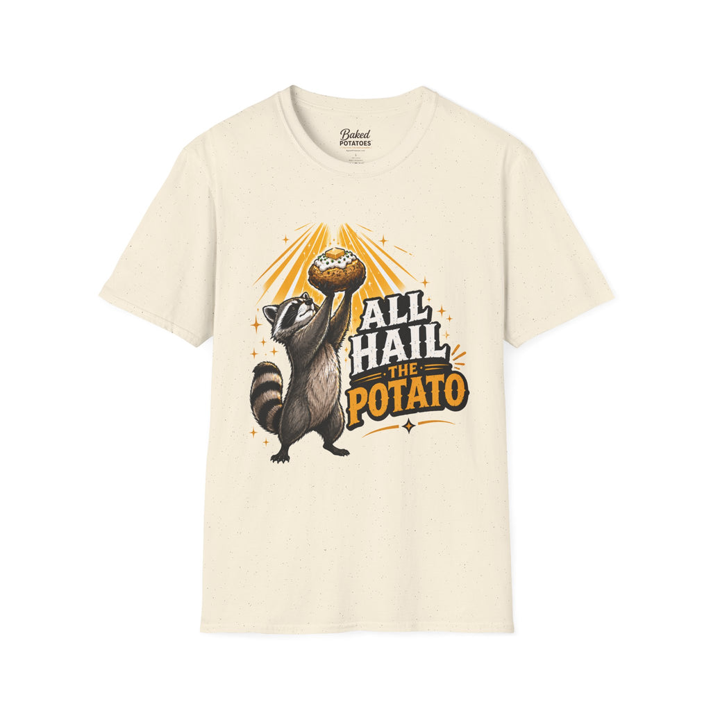 All Hail the Potato T-Shirt | Raccoon Holding Baked Potato Design