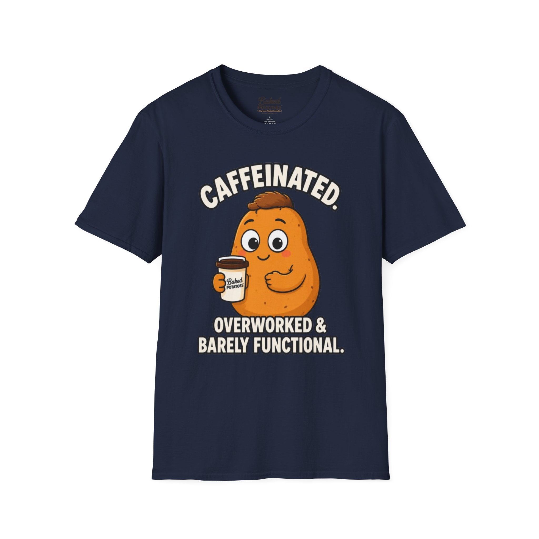Coffee Potato T‑Shirt — “Overworked & Barely Functional” Coffee Humor Shirt