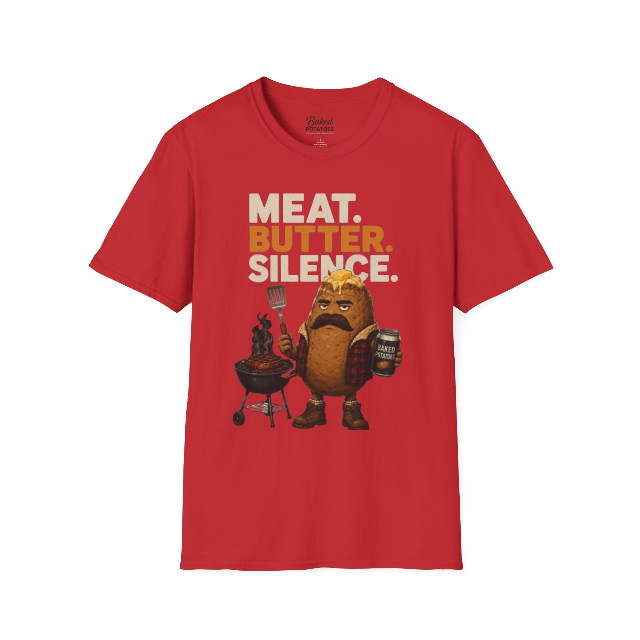 Funny Grilling T-Shirt — "Meat. Butter. Silence." BBQ Potato Graphic Tee Gift for Dad