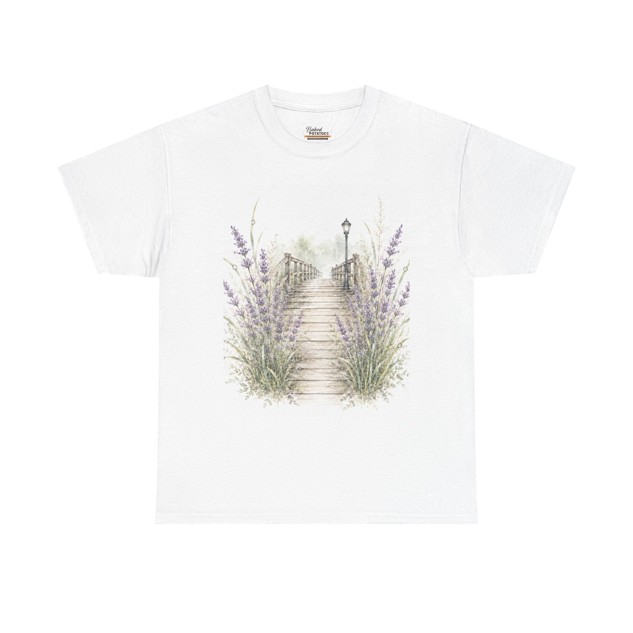 Lavender Walkway Shirt, Cottagecore Floral Tee, Watercolor Bridge T-Shirt, Romantic Garden Nature Shirt