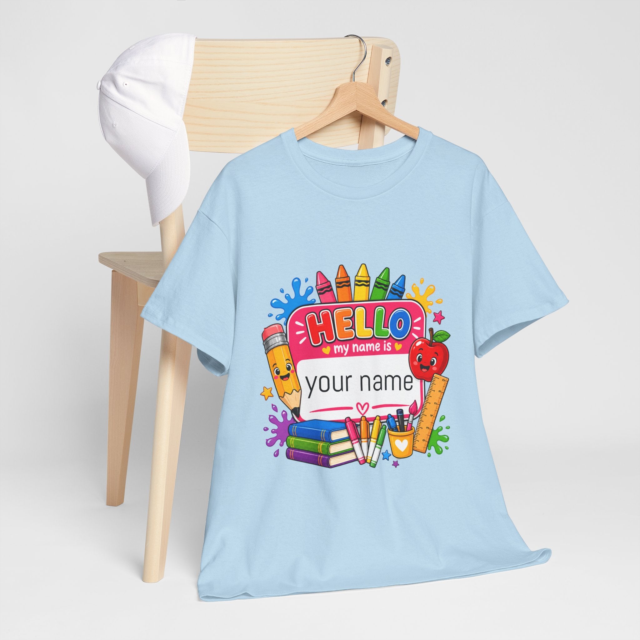 Personalized Teacher Back to School Shirt, Hello My Name Is Tee, Custom Teacher Name Tag Shirt, Bright School Supplies Tee Gift for Teachers