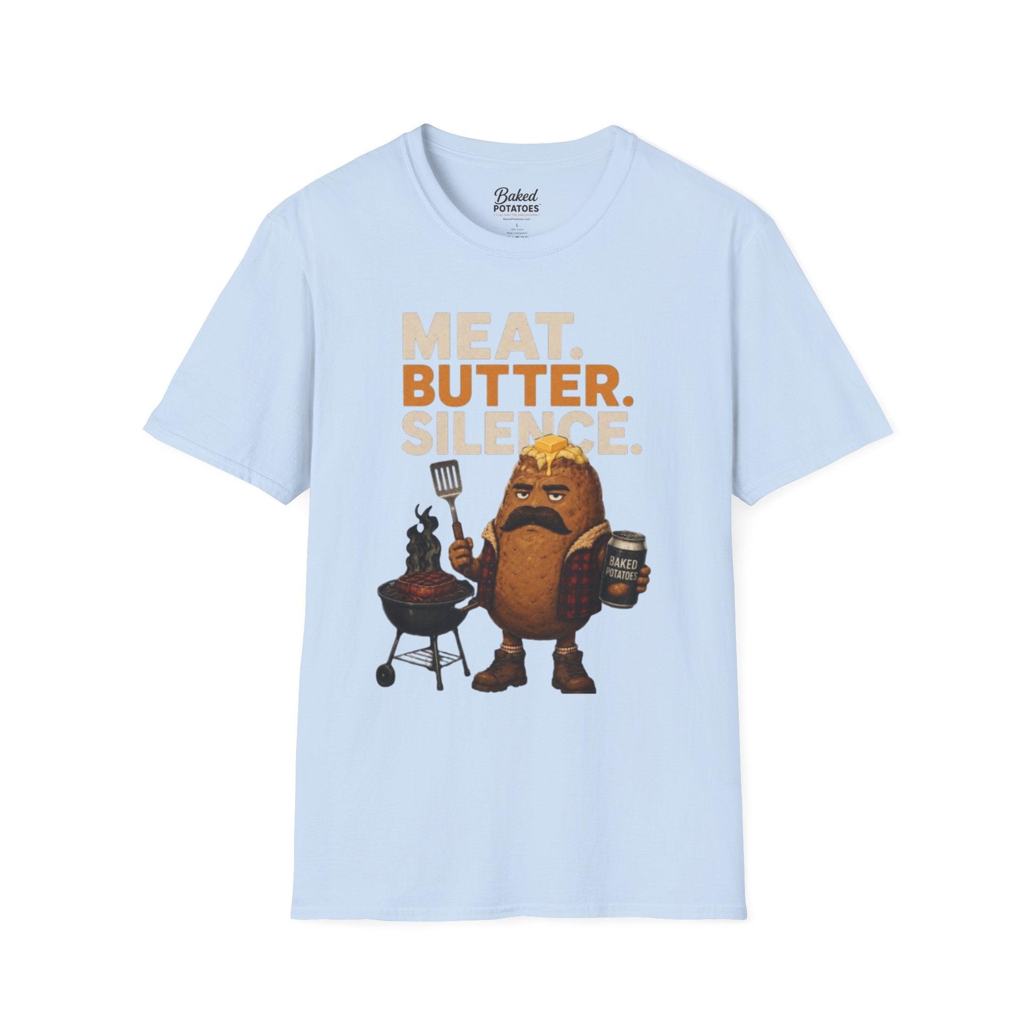 Funny Grilling T-Shirt — "Meat. Butter. Silence." BBQ Potato Graphic Tee Gift for Dad