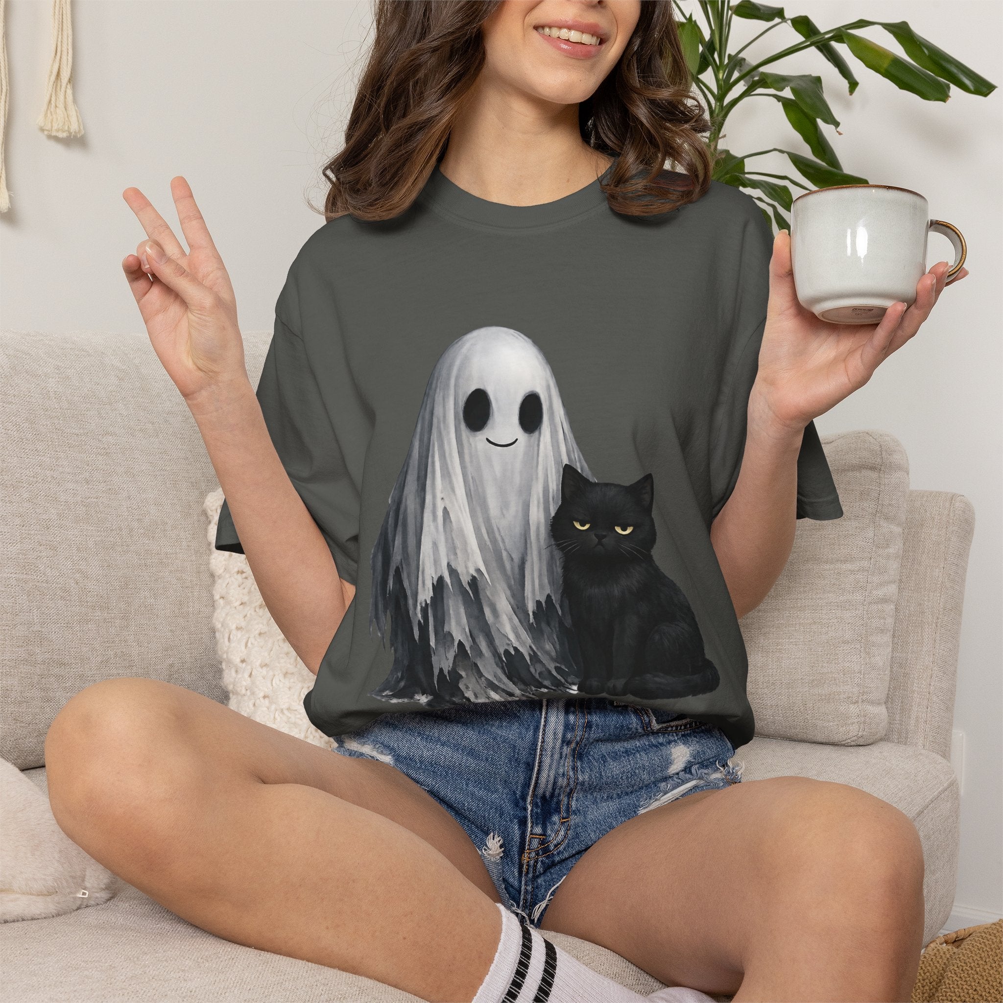 Ghost and Black Cat T-Shirt Cute Halloween Spirit Tee meh cat and smiling ghost shirt
