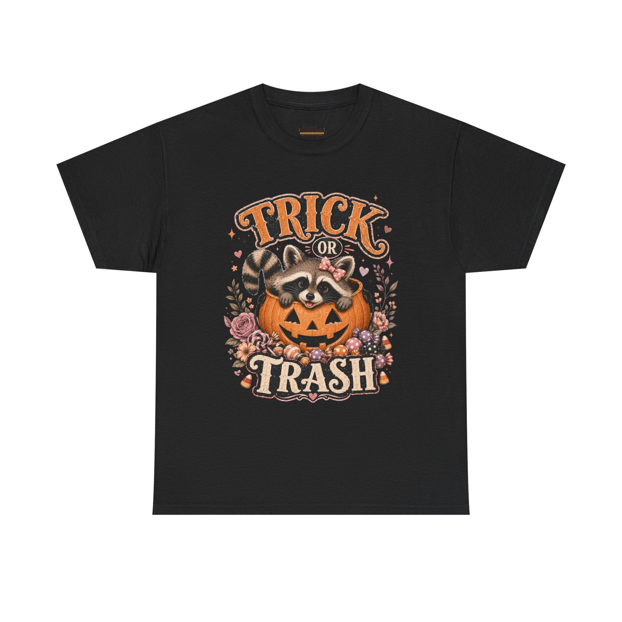 Trick or Trash Halloween T-Shirt — Pumpkin, Raccoon & Jack-o'-Lantern Candy Graphic