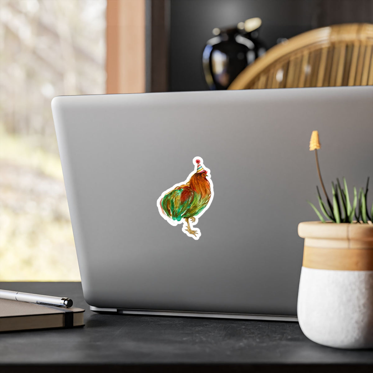 Party Rooster Kiss-Cut Vinyl Sticker — Colorful Farm Chicken Decal