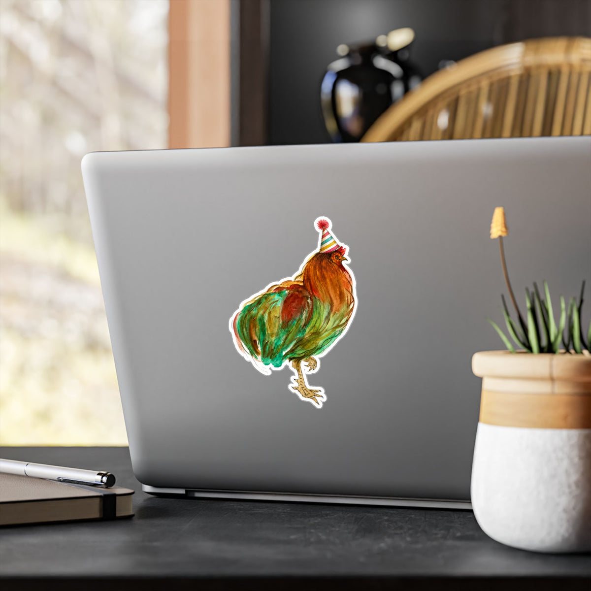 Party Rooster Kiss-Cut Vinyl Sticker — Colorful Farm Chicken Decal