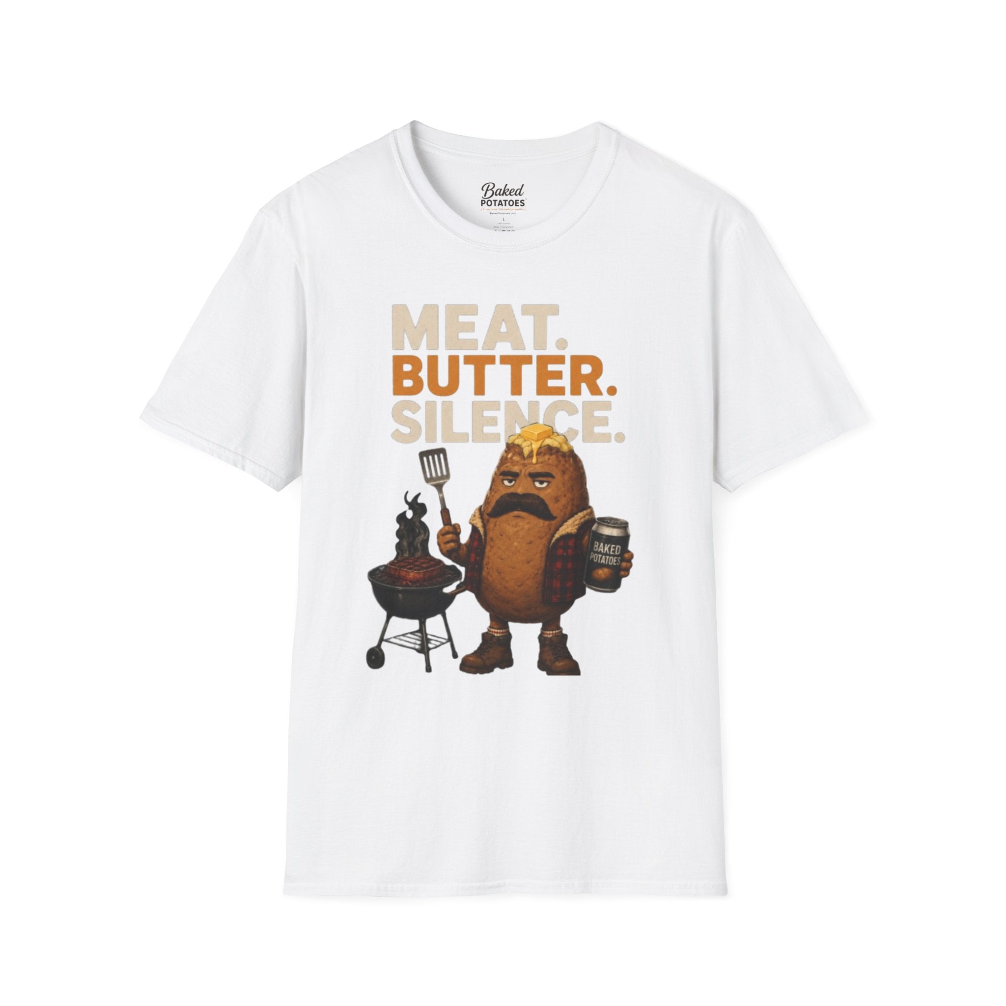 Funny Grilling T-Shirt — "Meat. Butter. Silence." BBQ Potato Graphic Tee Gift for Dad
