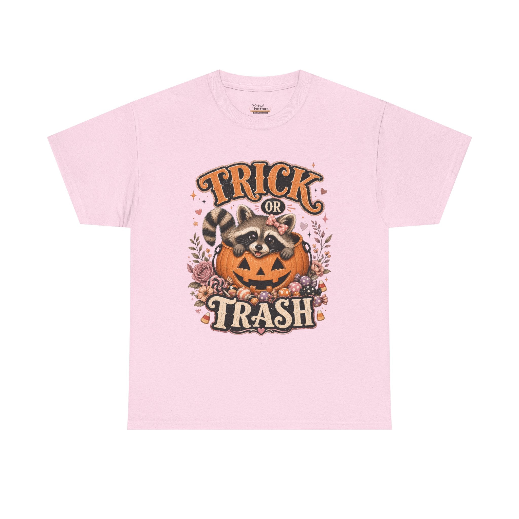 Trick or Trash Halloween T-Shirt — Pumpkin, Raccoon & Jack-o'-Lantern Candy Graphic