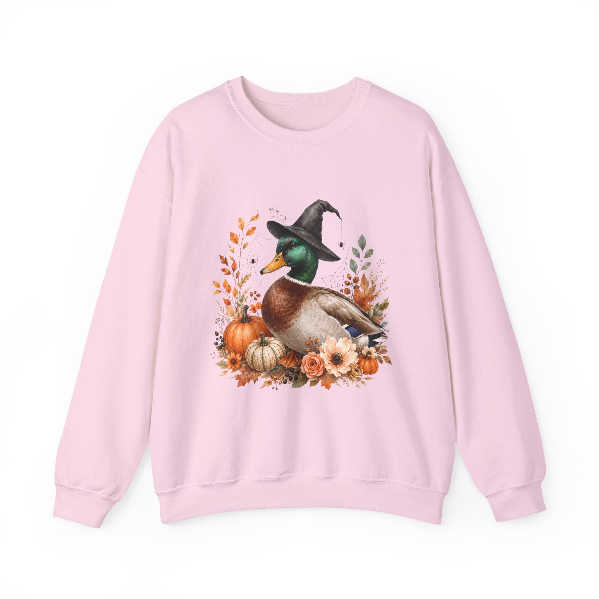 Mallard Duck with Witch Hat sweater Autumn Pumpkins & Flowers Halloween hoodie spookky orange vintage cottage core simple sweatshirt