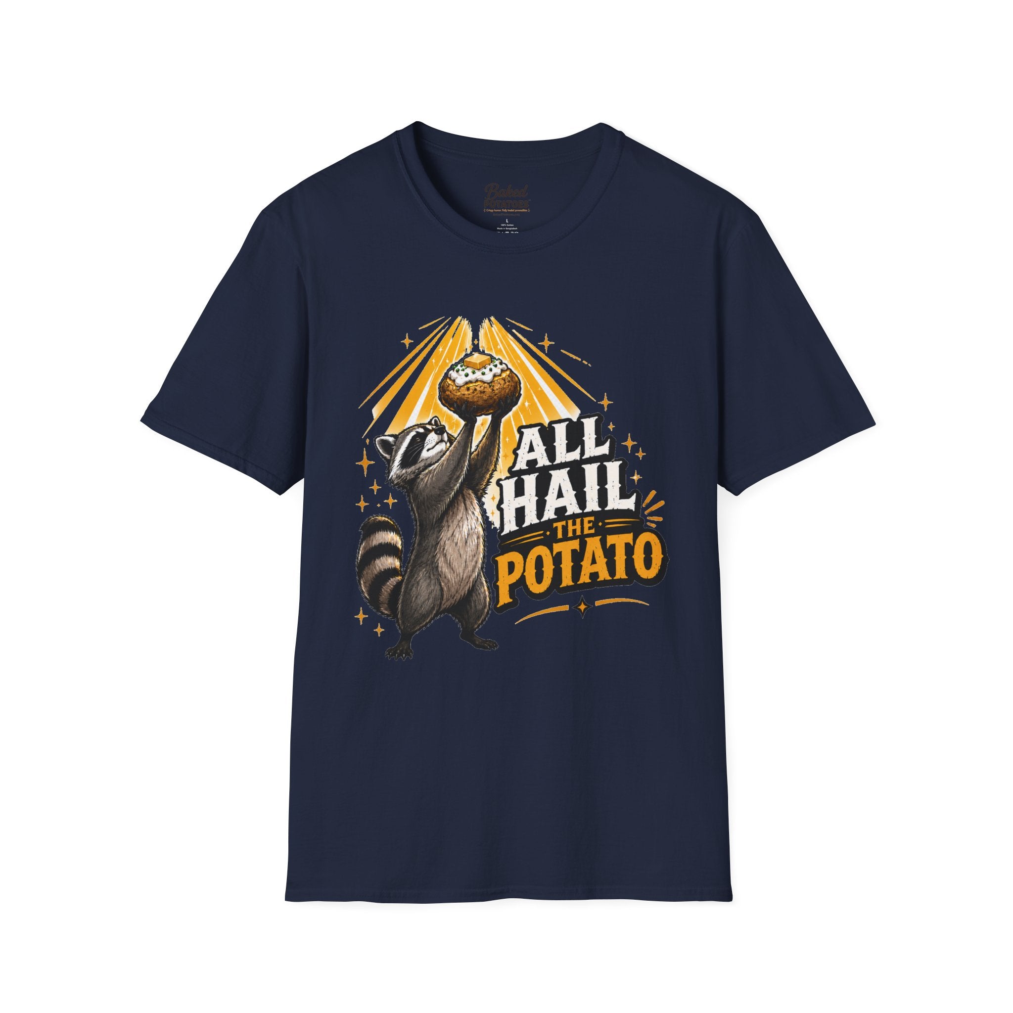 All Hail the Potato T-Shirt | Raccoon Holding Baked Potato Design