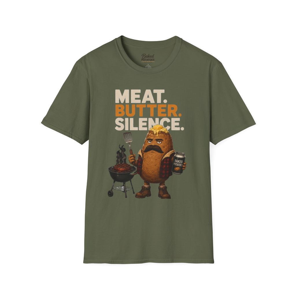 Funny Grilling T-Shirt — "Meat. Butter. Silence." BBQ Potato Graphic Tee Gift for Dad
