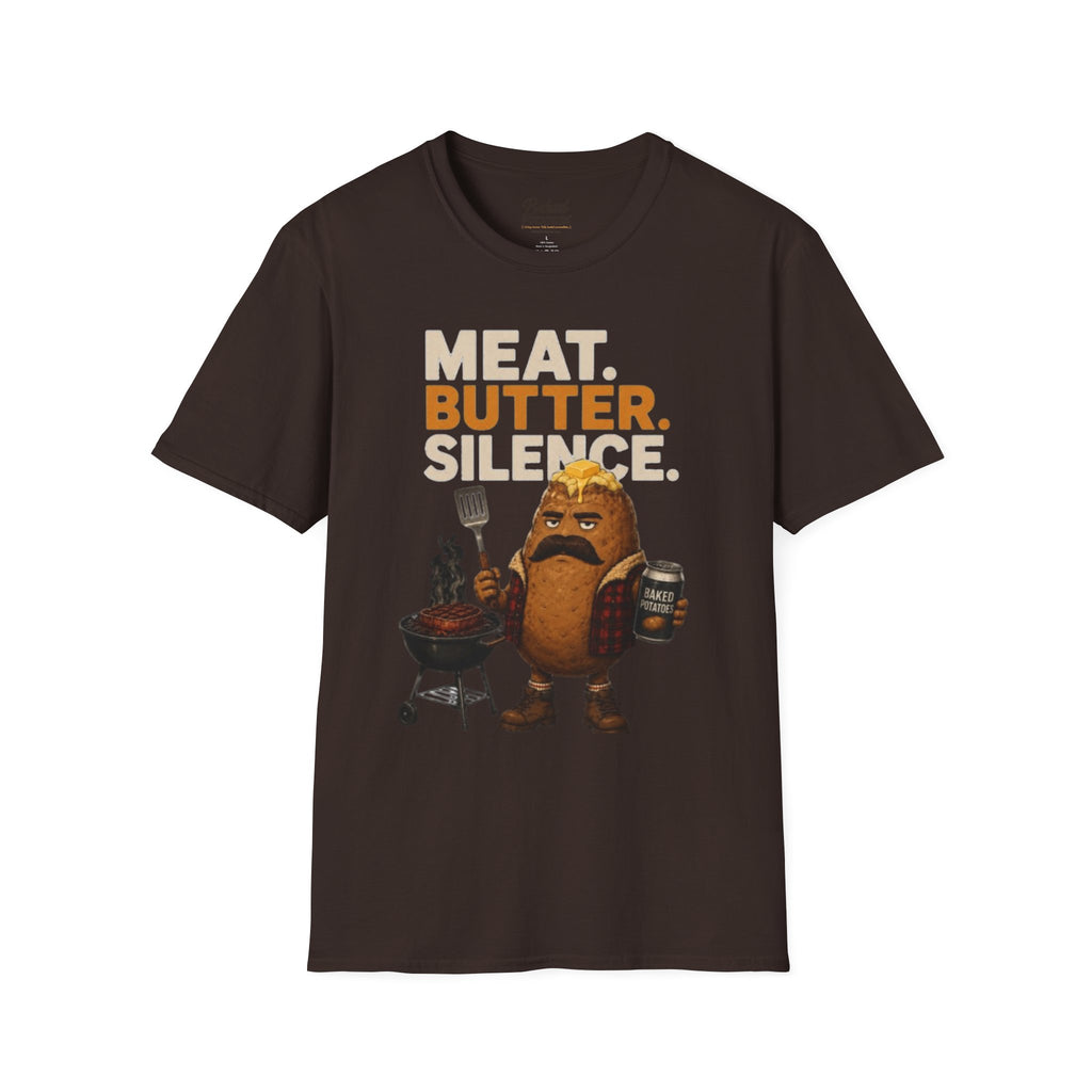 Funny Grilling T-Shirt — "Meat. Butter. Silence." BBQ Potato Graphic Tee Gift for Dad