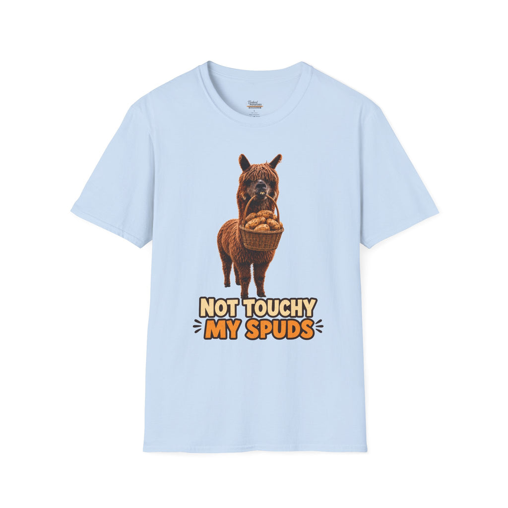 Alpaca Holding Potatoes T‑Shirt — "Not Touchy My Spuds" Cute Farm Animal Tee