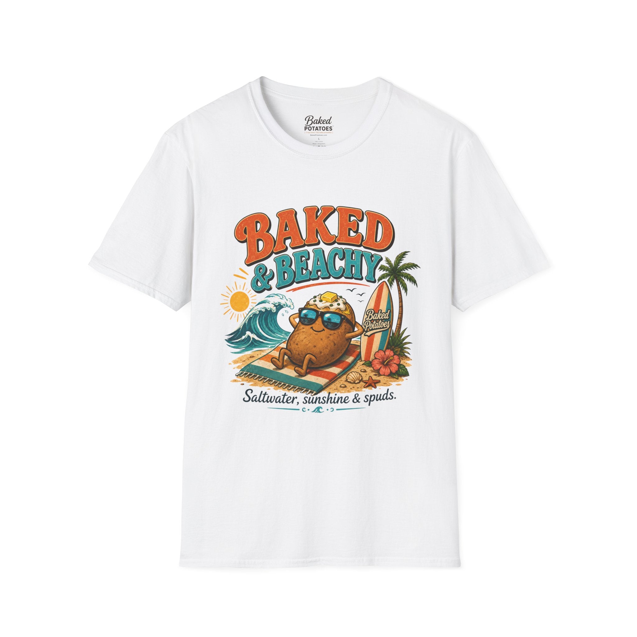 Beach T-Shirt "Baked and Beachy" | Beach Potato Graphic, Palm Tree, Sun, Relaxed