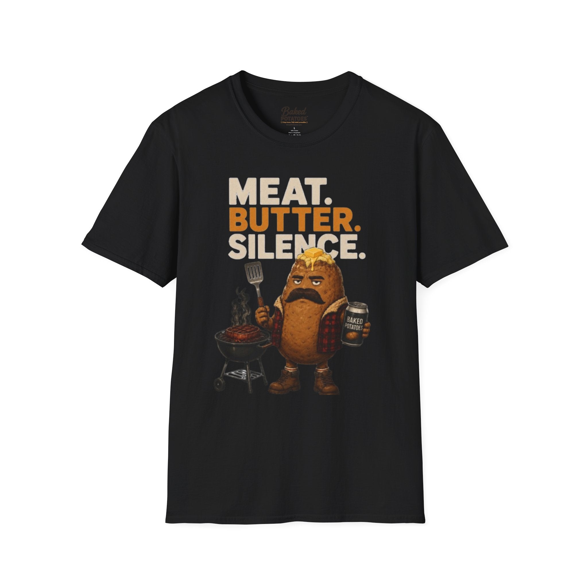Funny Grilling T-Shirt — "Meat. Butter. Silence." BBQ Potato Graphic Tee Gift for Dad