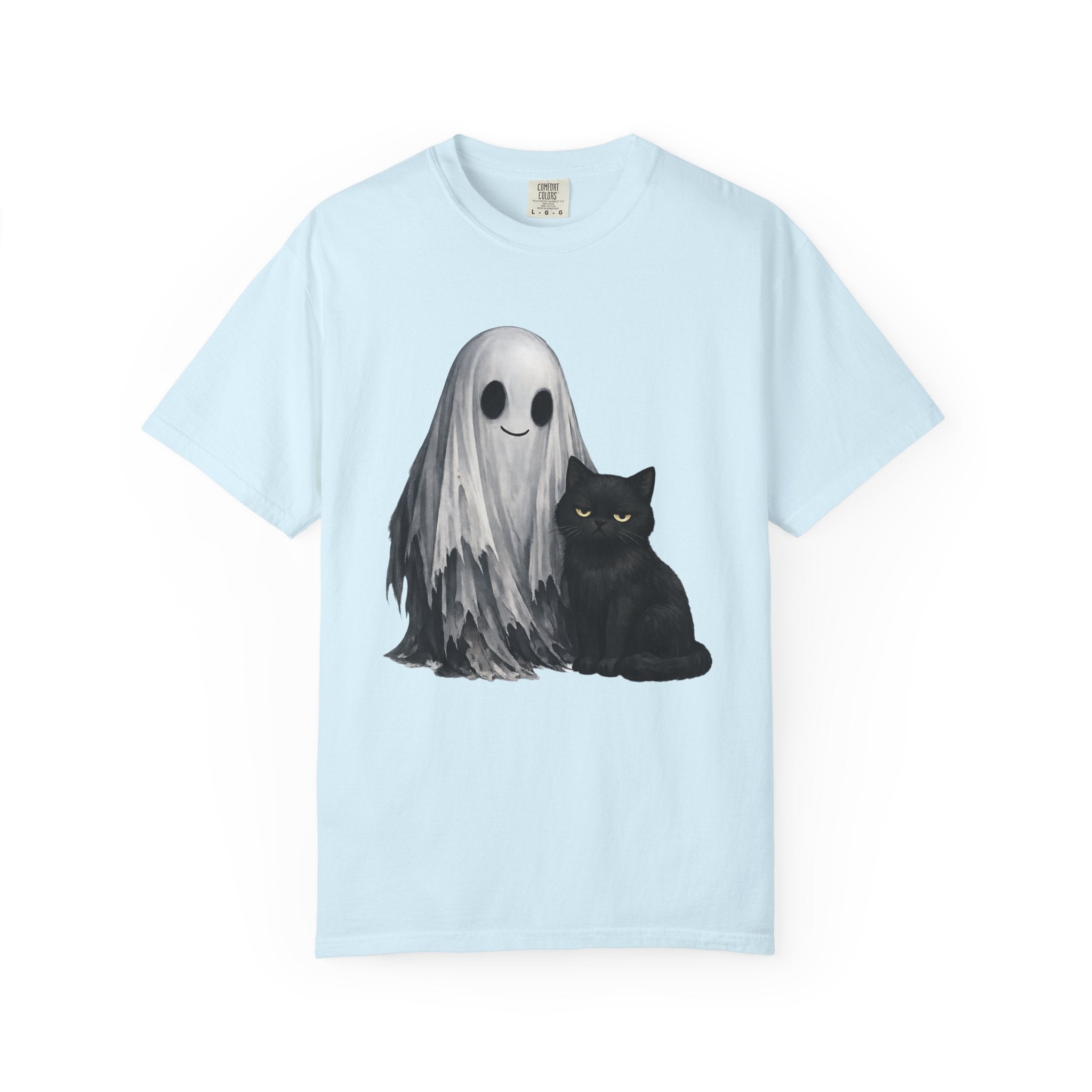 Ghost and Black Cat T-Shirt Cute Halloween Spirit Tee meh cat and smiling ghost shirt