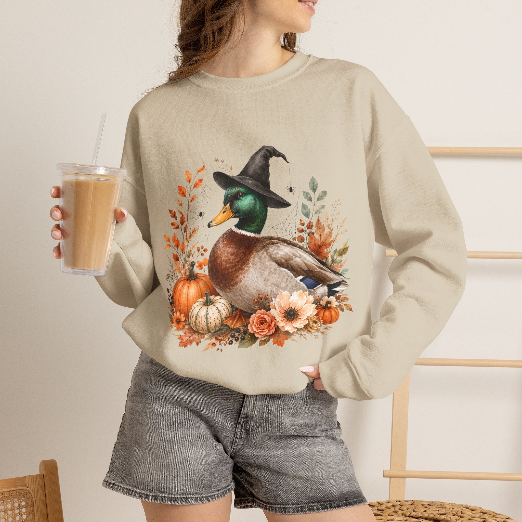 Mallard Duck with Witch Hat sweater Autumn Pumpkins & Flowers Halloween hoodie spookky orange vintage cottage core simple sweatshirt