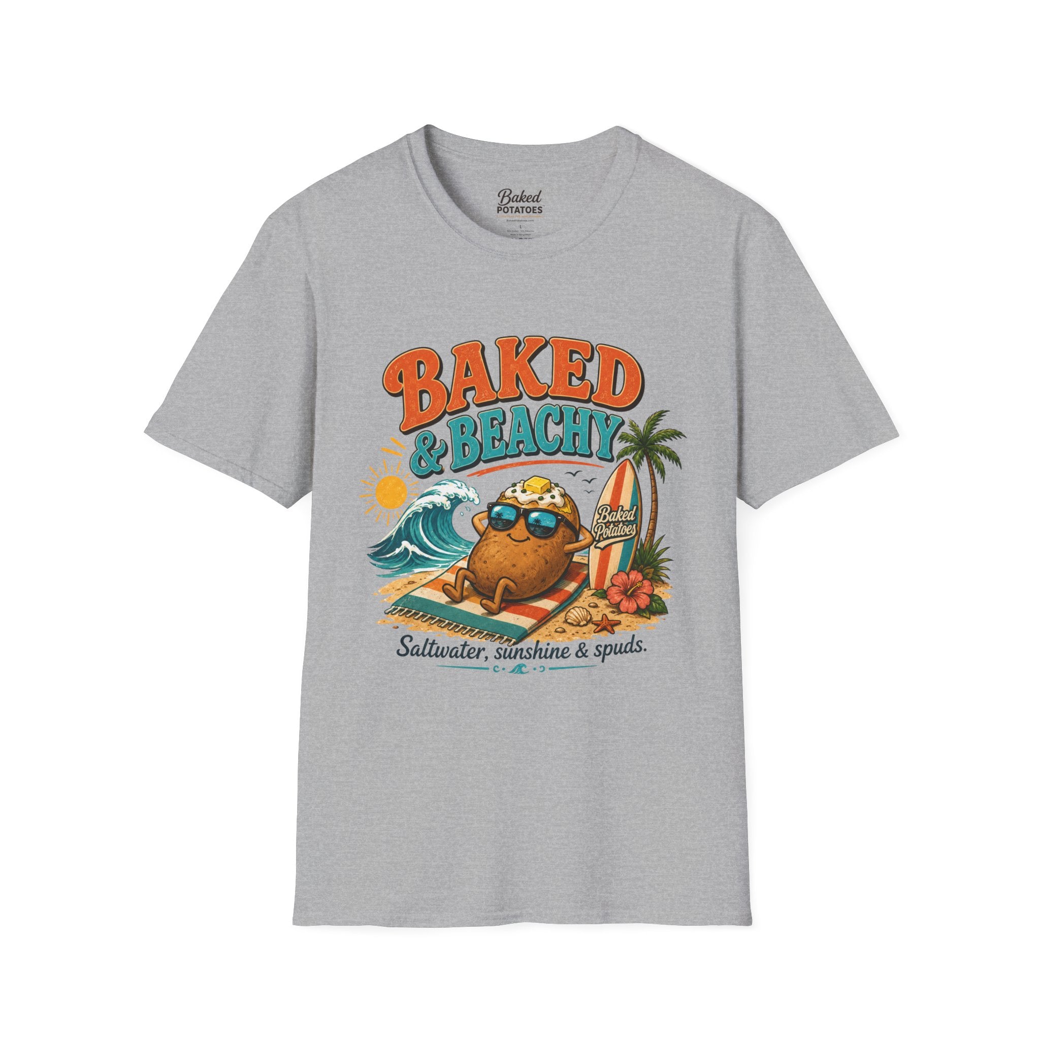 Beach T-Shirt "Baked and Beachy" | Beach Potato Graphic, Palm Tree, Sun, Relaxed