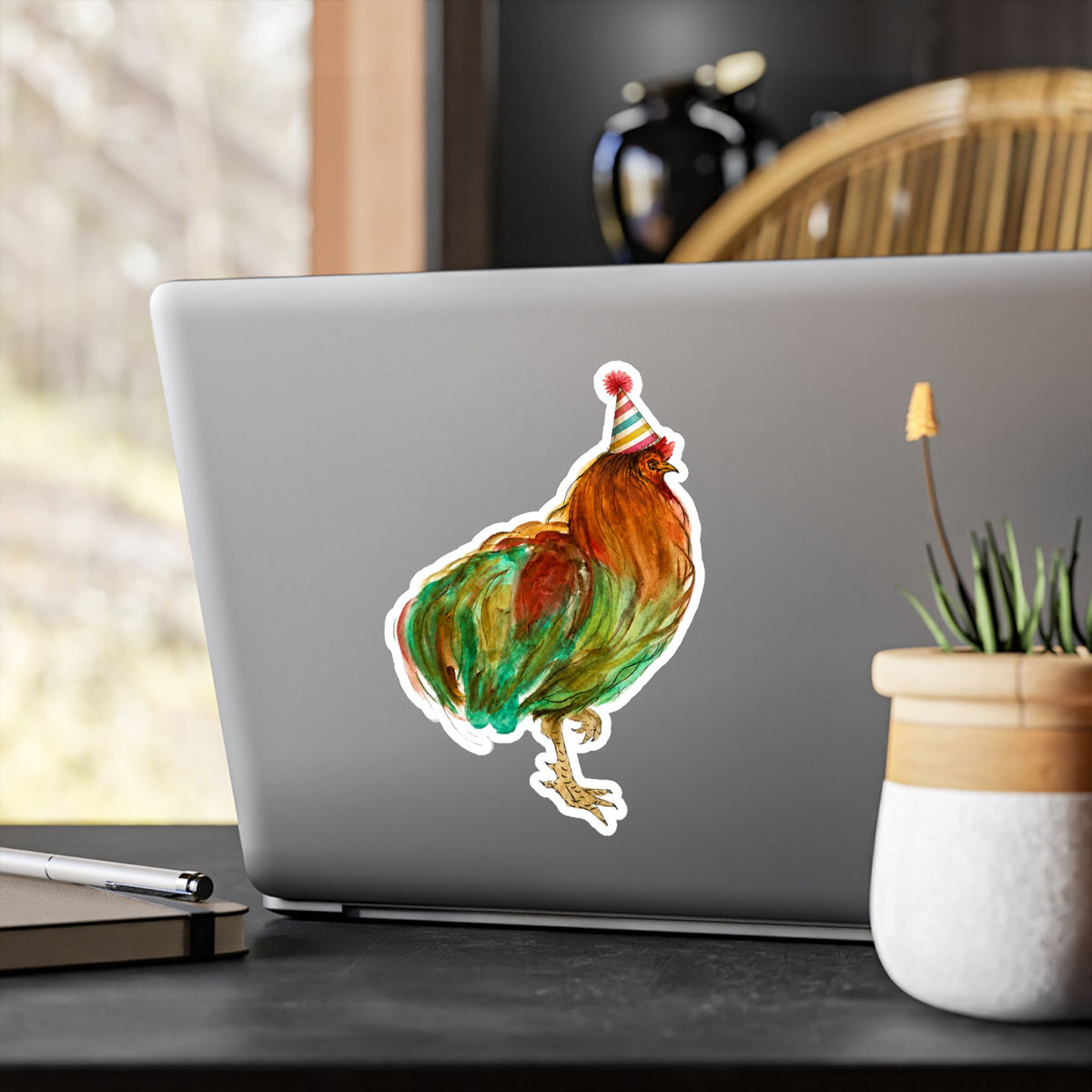 Party Rooster Kiss-Cut Vinyl Sticker — Colorful Farm Chicken Decal