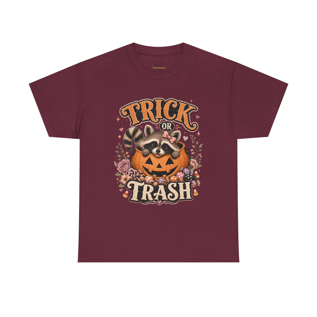 Trick or Trash Halloween T-Shirt — Pumpkin, Raccoon & Jack-o'-Lantern Candy Graphic