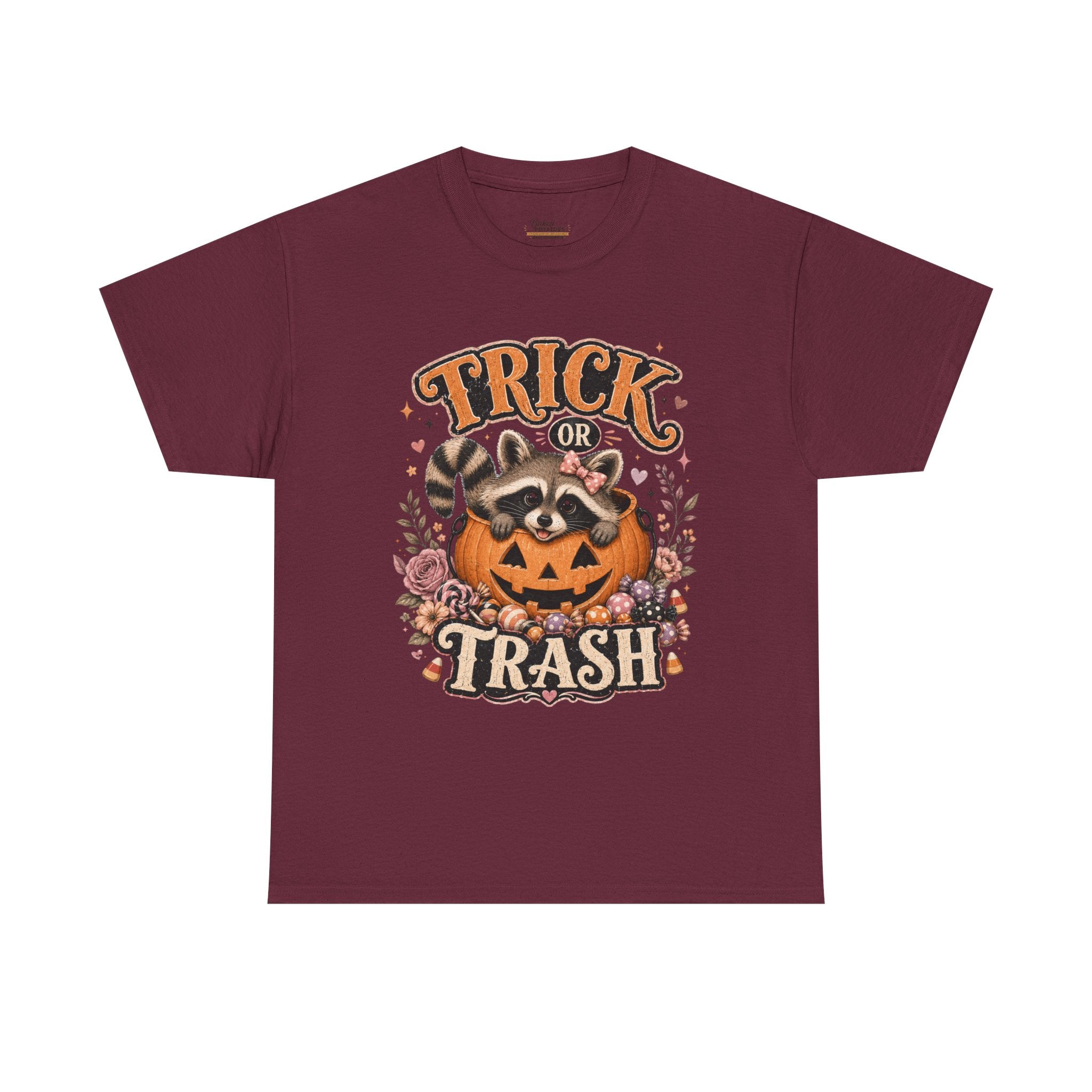 Trick or Trash Halloween T-Shirt — Pumpkin, Raccoon & Jack-o'-Lantern Candy Graphic