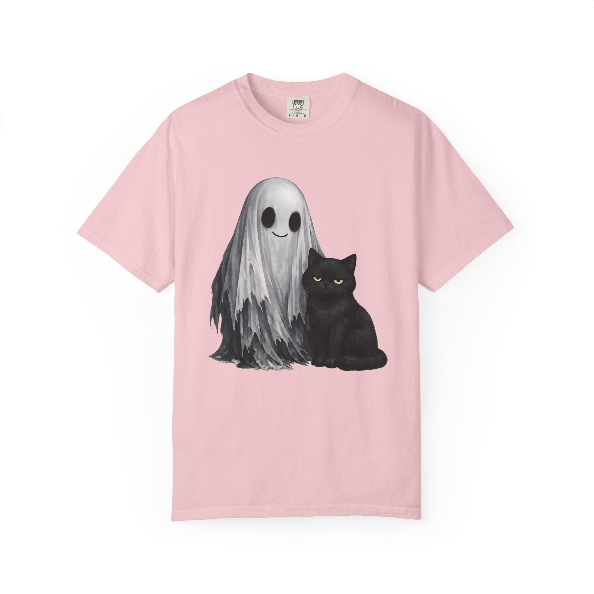 Ghost and Black Cat T-Shirt Cute Halloween Spirit Tee meh cat and smiling ghost shirt