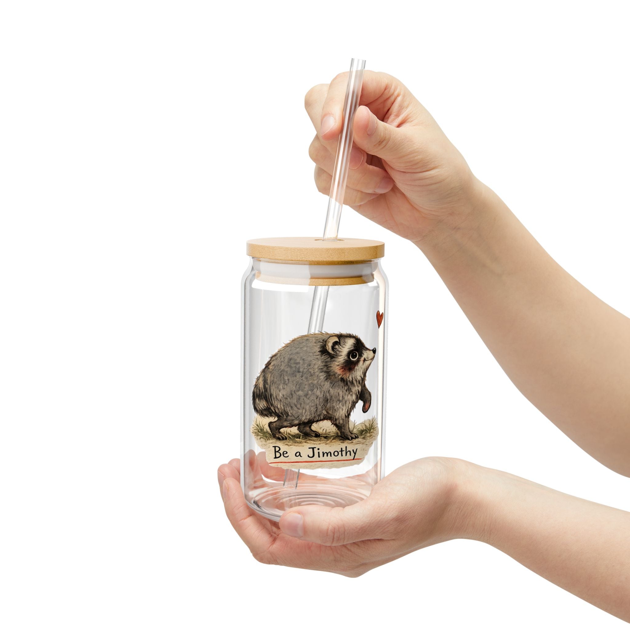 Jimothy the Seattle Cryptid Raccoon Glass  I Love Heart Jimothy | Bamboo lid and straw Can Shaped Sipper