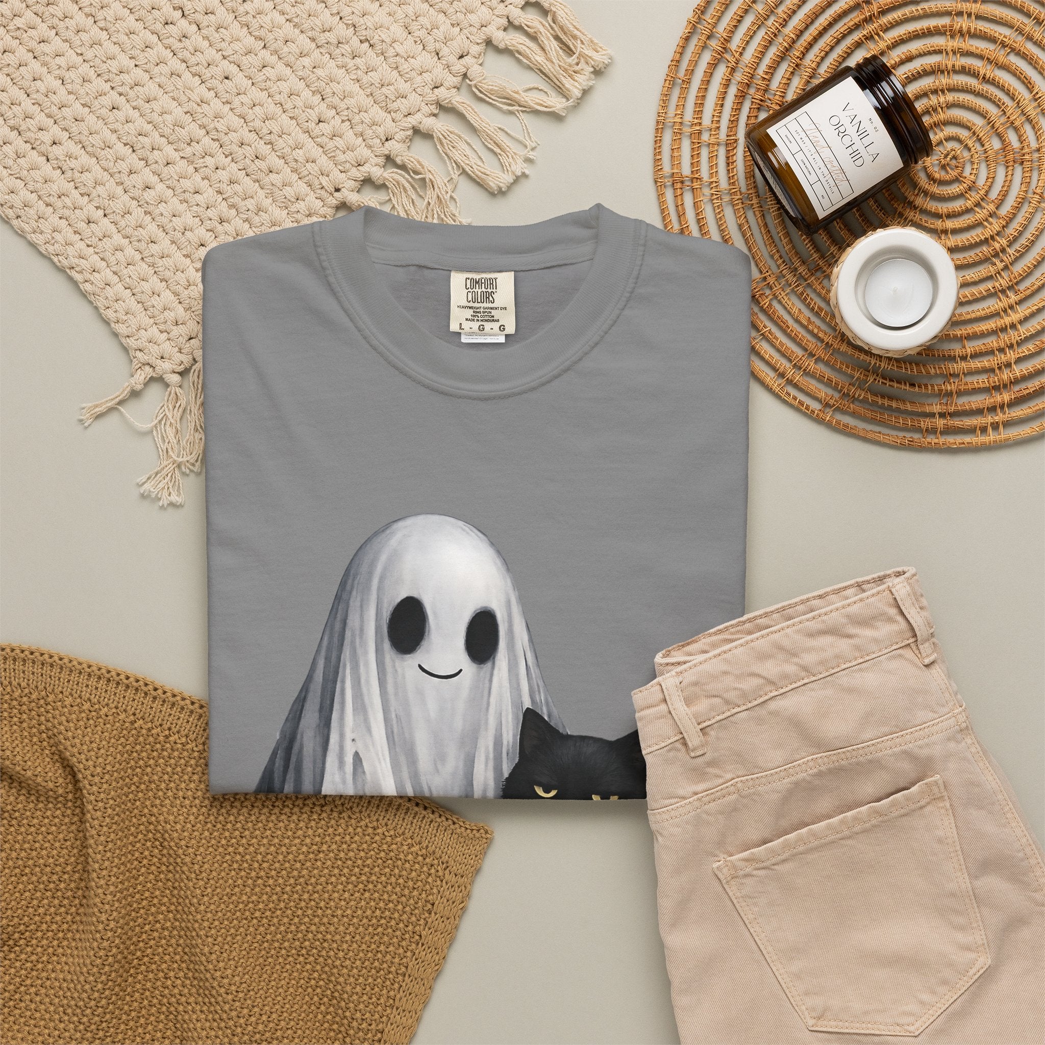 Ghost and Black Cat T-Shirt Cute Halloween Spirit Tee meh cat and smiling ghost shirt