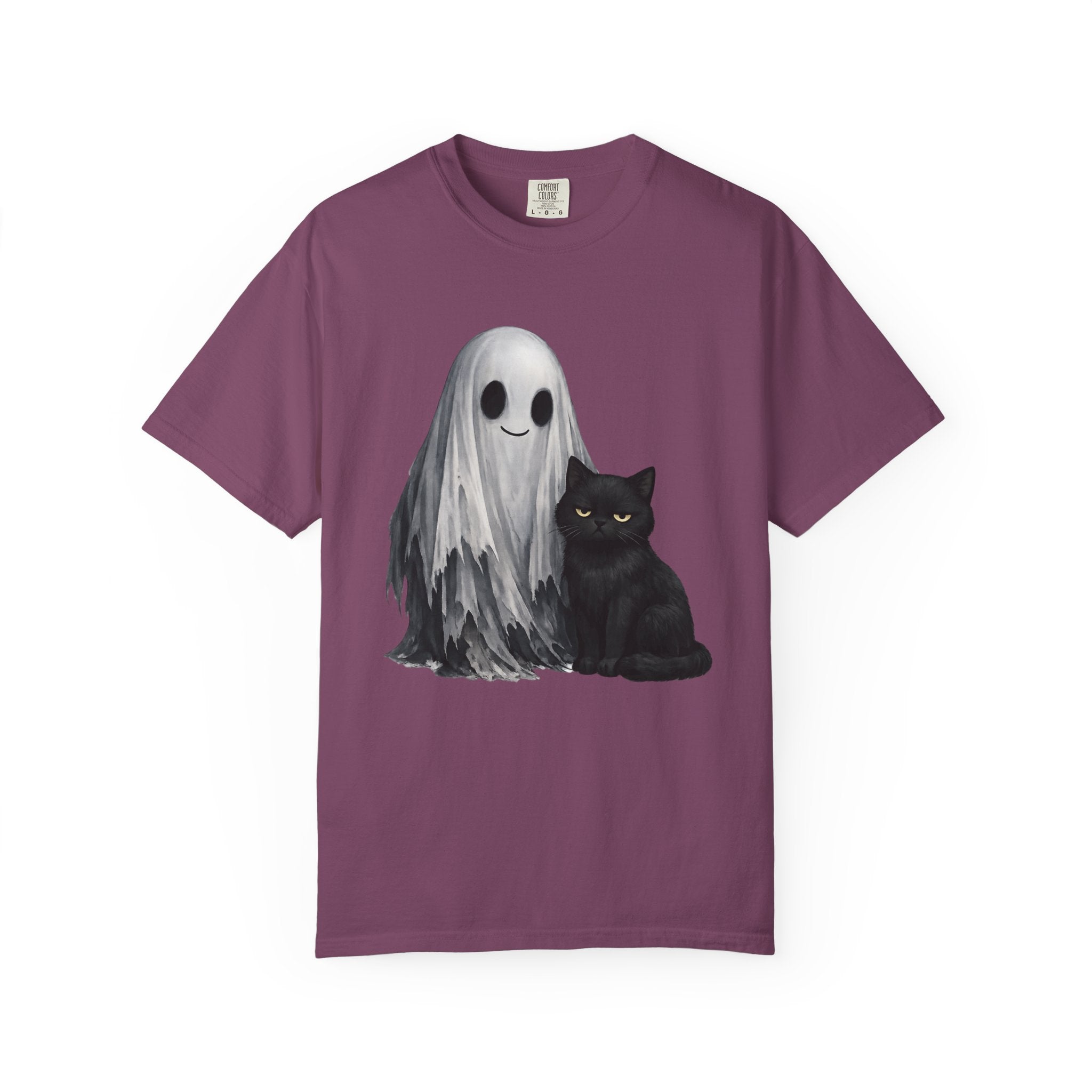 Ghost and Black Cat T-Shirt Cute Halloween Spirit Tee meh cat and smiling ghost shirt