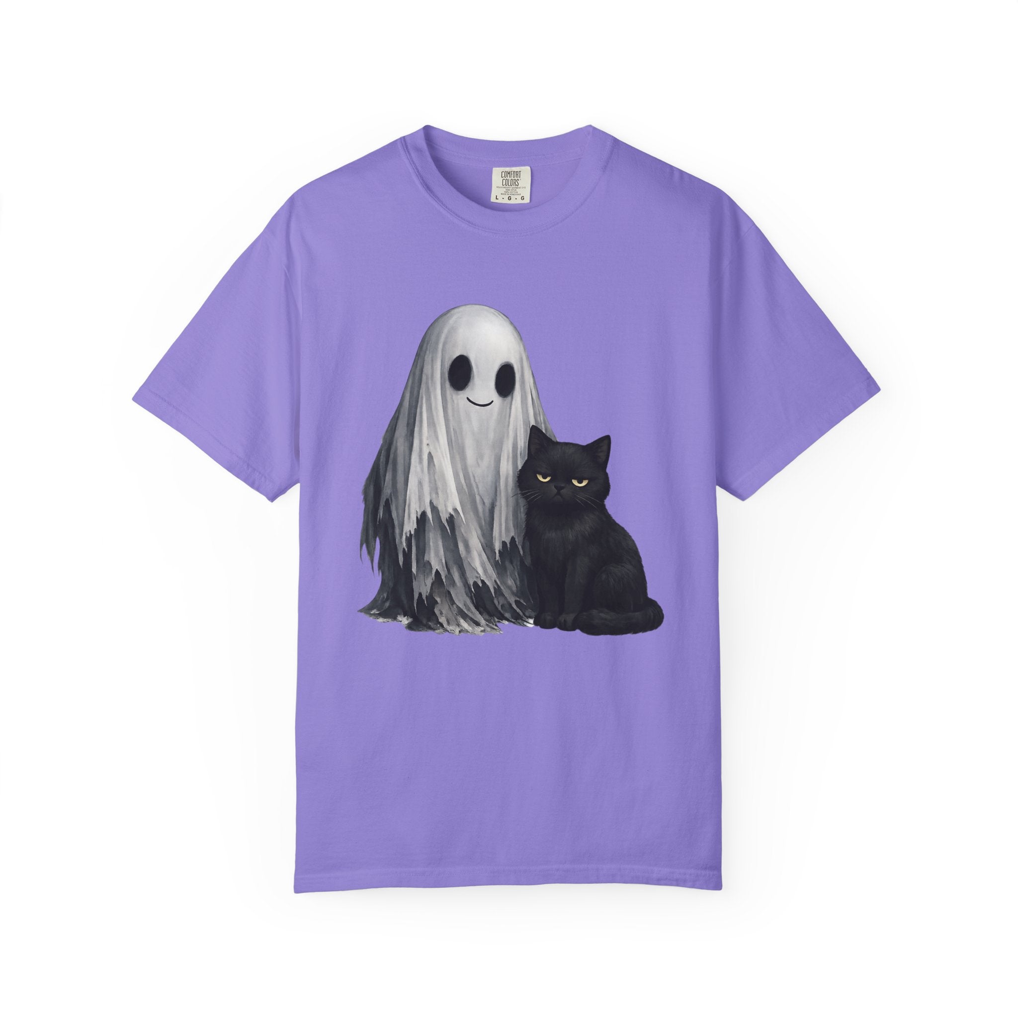Ghost and Black Cat T-Shirt Cute Halloween Spirit Tee meh cat and smiling ghost shirt