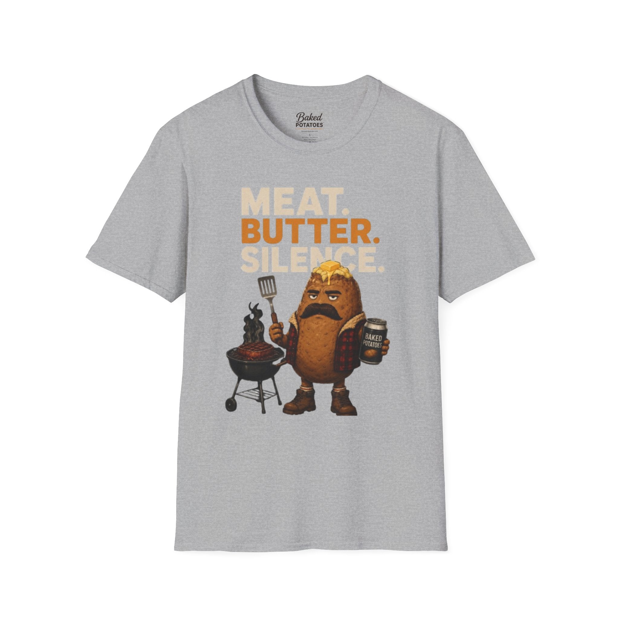 Funny Grilling T-Shirt — "Meat. Butter. Silence." BBQ Potato Graphic Tee Gift for Dad
