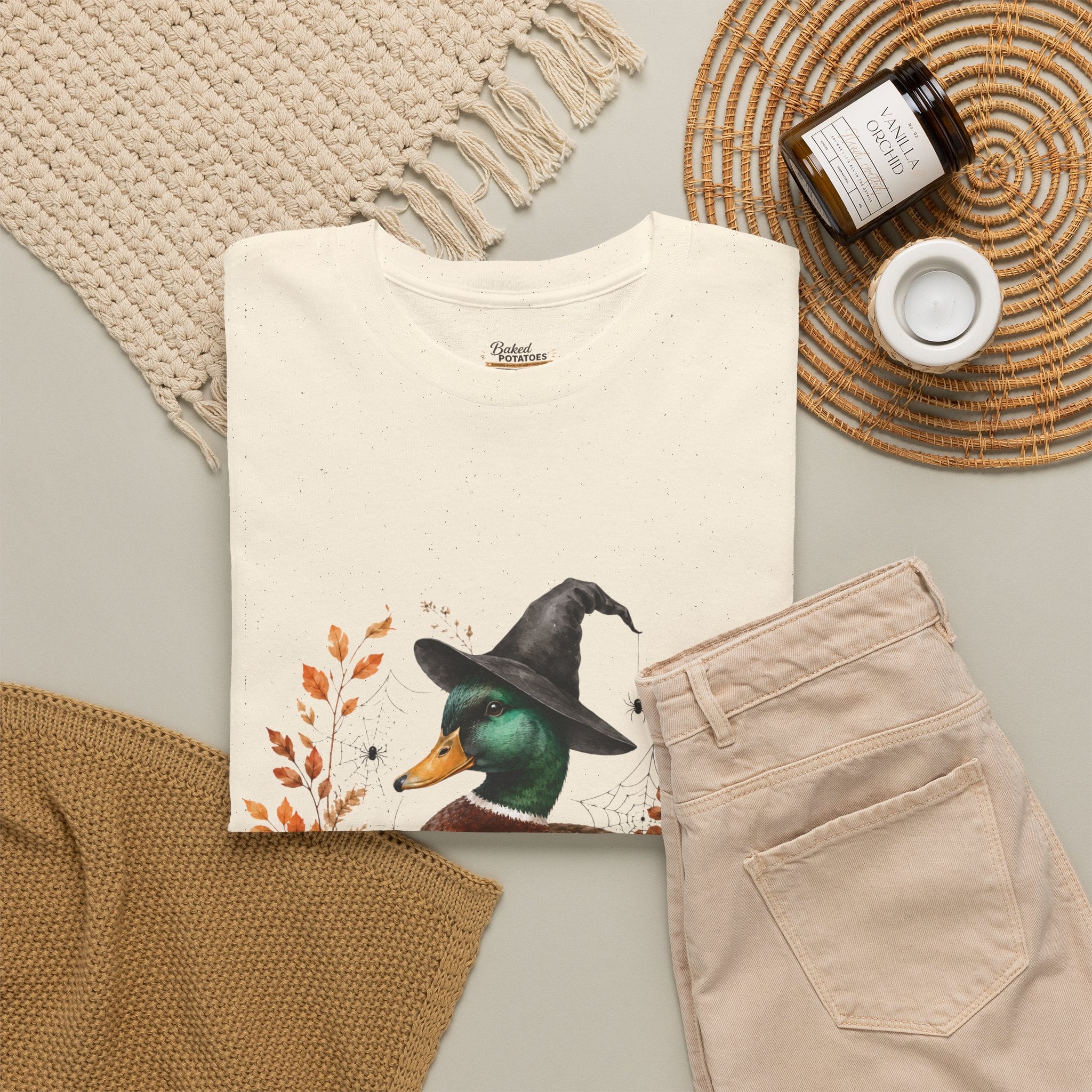 Mallard Duck with Witch Hat T-Shirt Autumn Pumpkins & Flowers Halloween