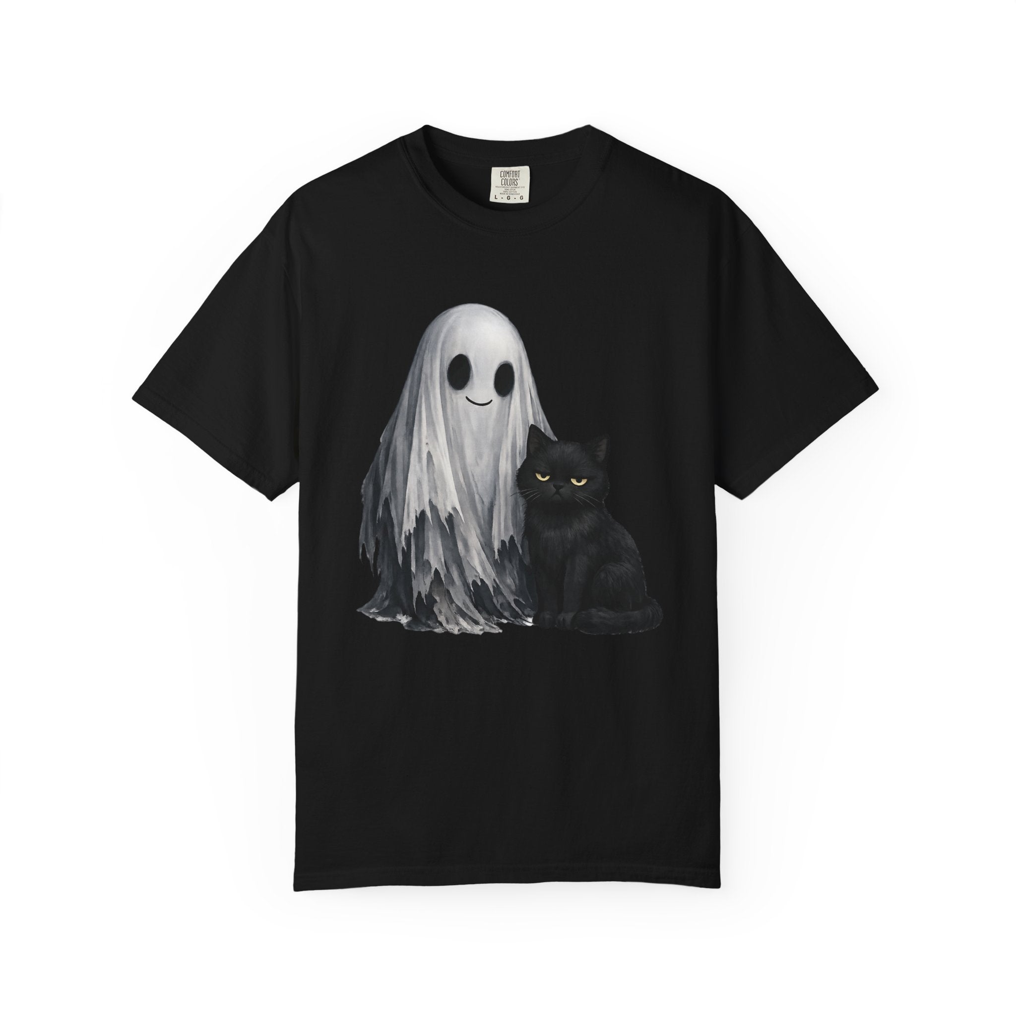 Ghost and Black Cat T-Shirt Cute Halloween Spirit Tee meh cat and smiling ghost shirt