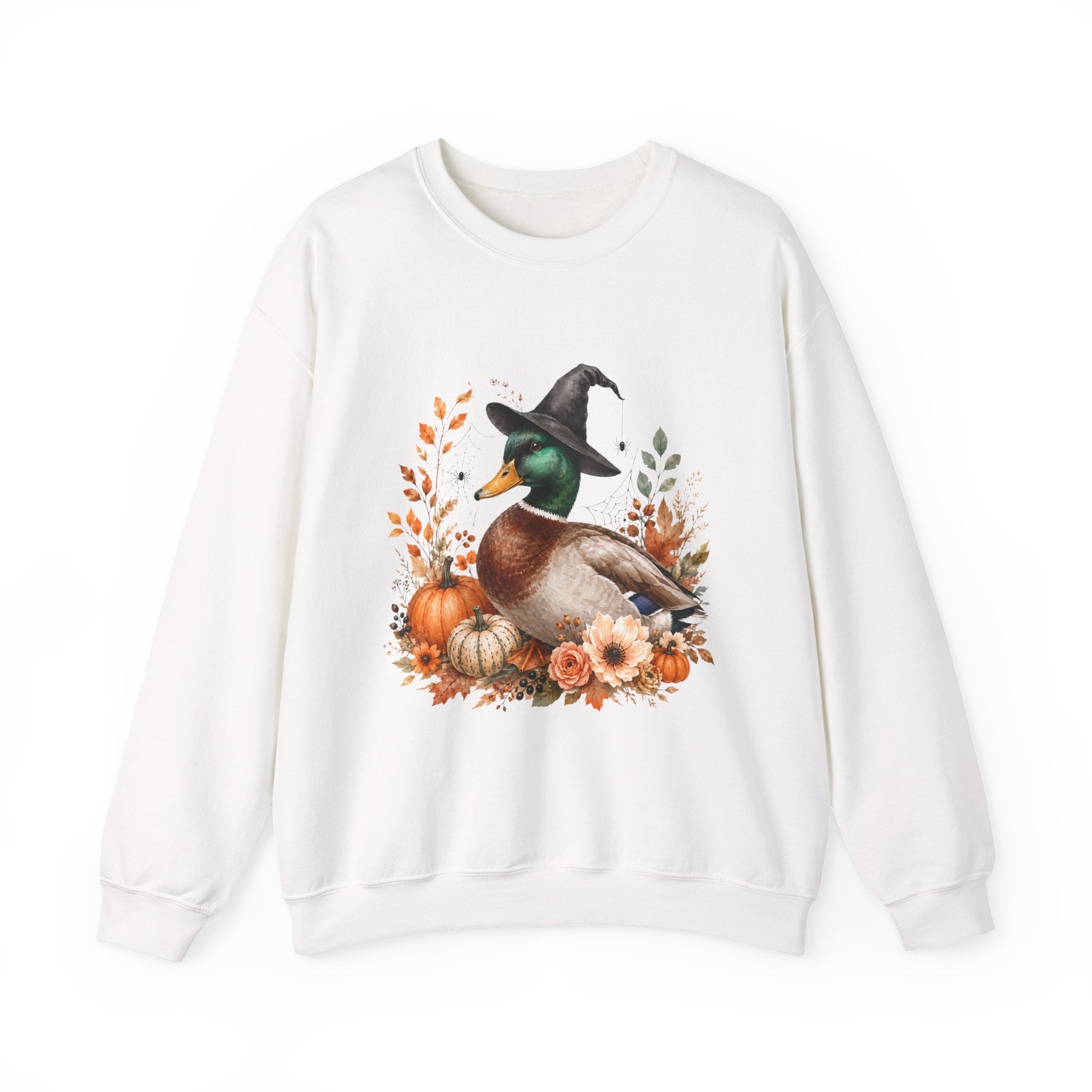 Mallard Duck with Witch Hat sweater Autumn Pumpkins & Flowers Halloween hoodie spookky orange vintage cottage core simple sweatshirt