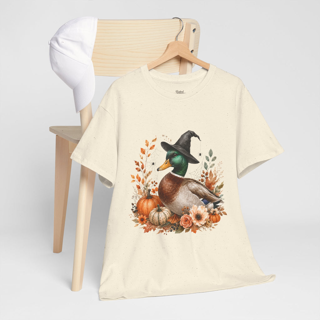 Mallard Duck with Witch Hat T-Shirt Autumn Pumpkins & Flowers Halloween