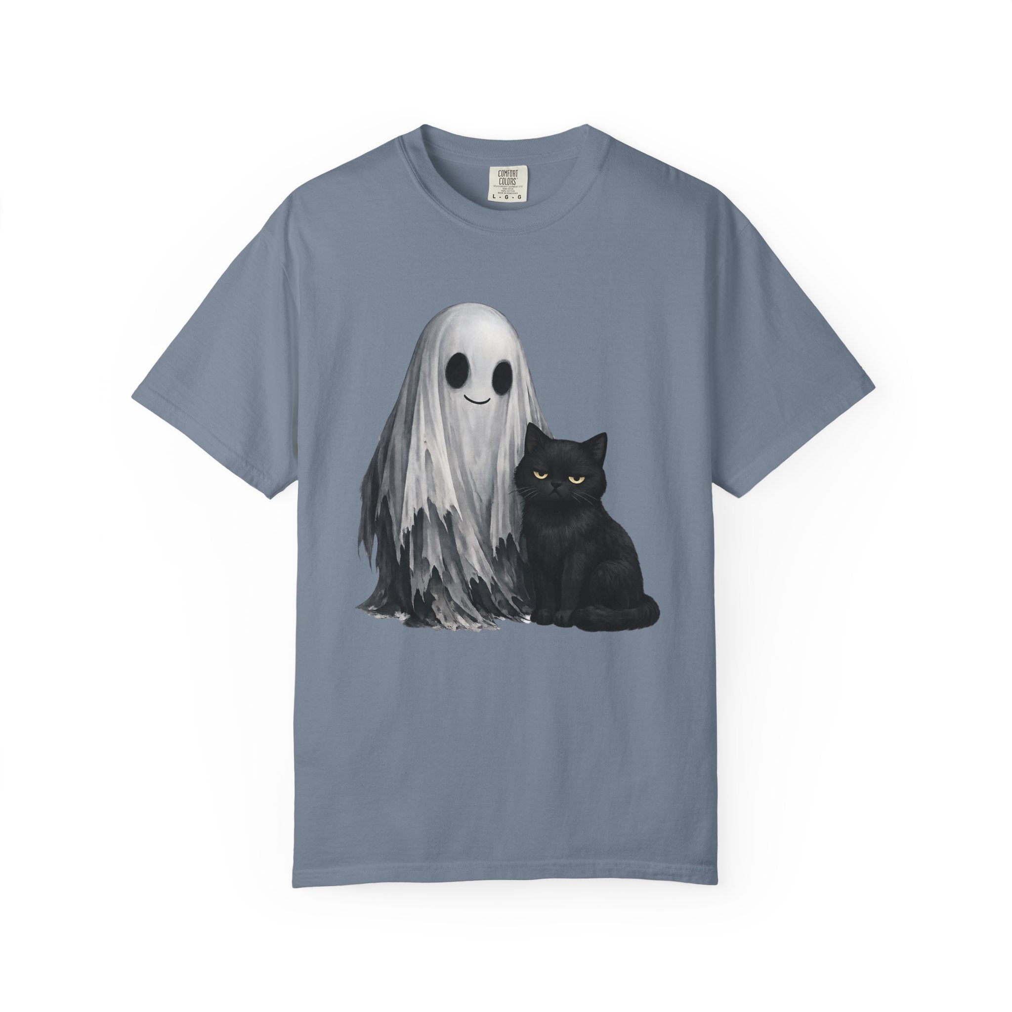 Ghost and Black Cat T-Shirt Cute Halloween Spirit Tee meh cat and smiling ghost shirt