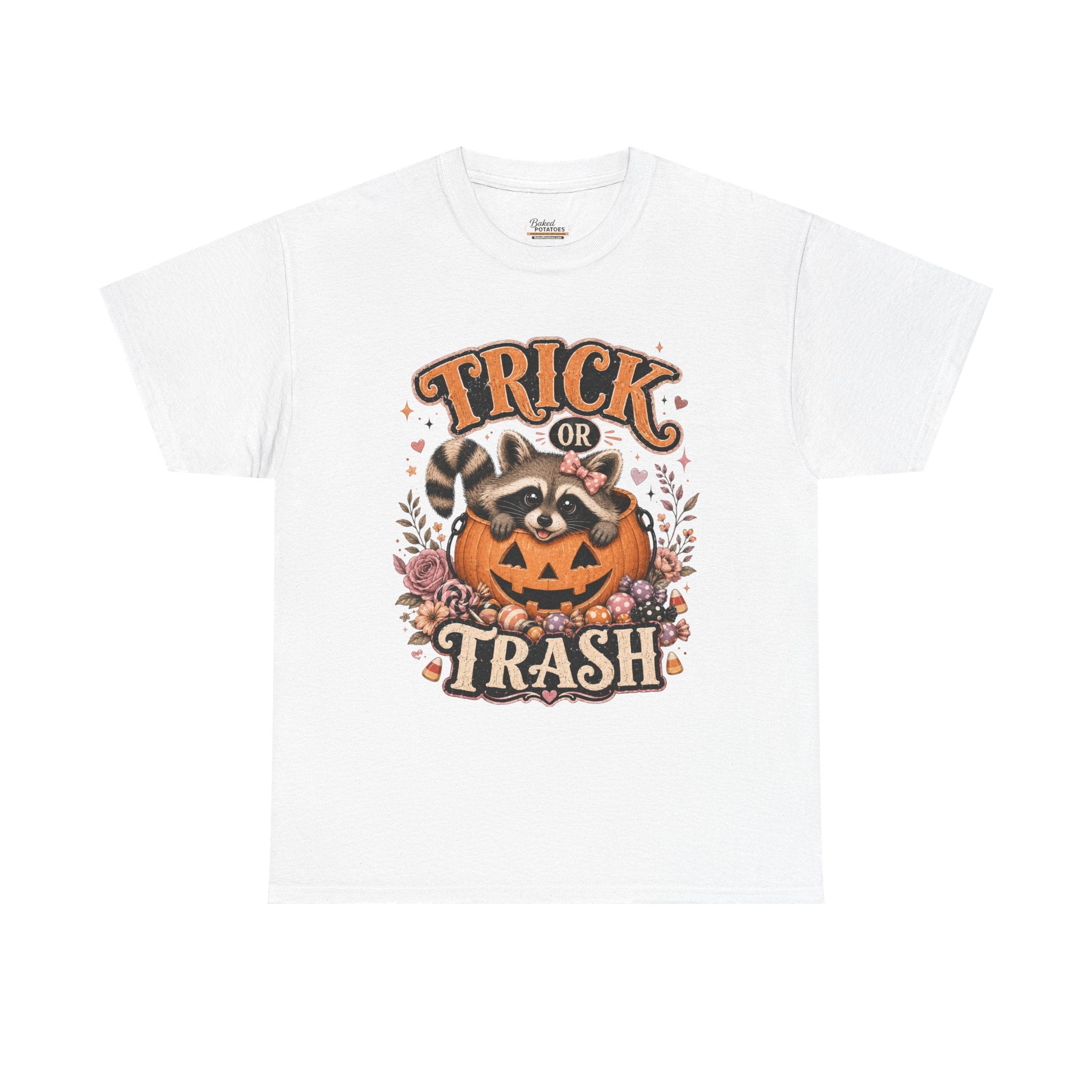 Trick or Trash Halloween T-Shirt — Pumpkin, Raccoon & Jack-o'-Lantern Candy Graphic