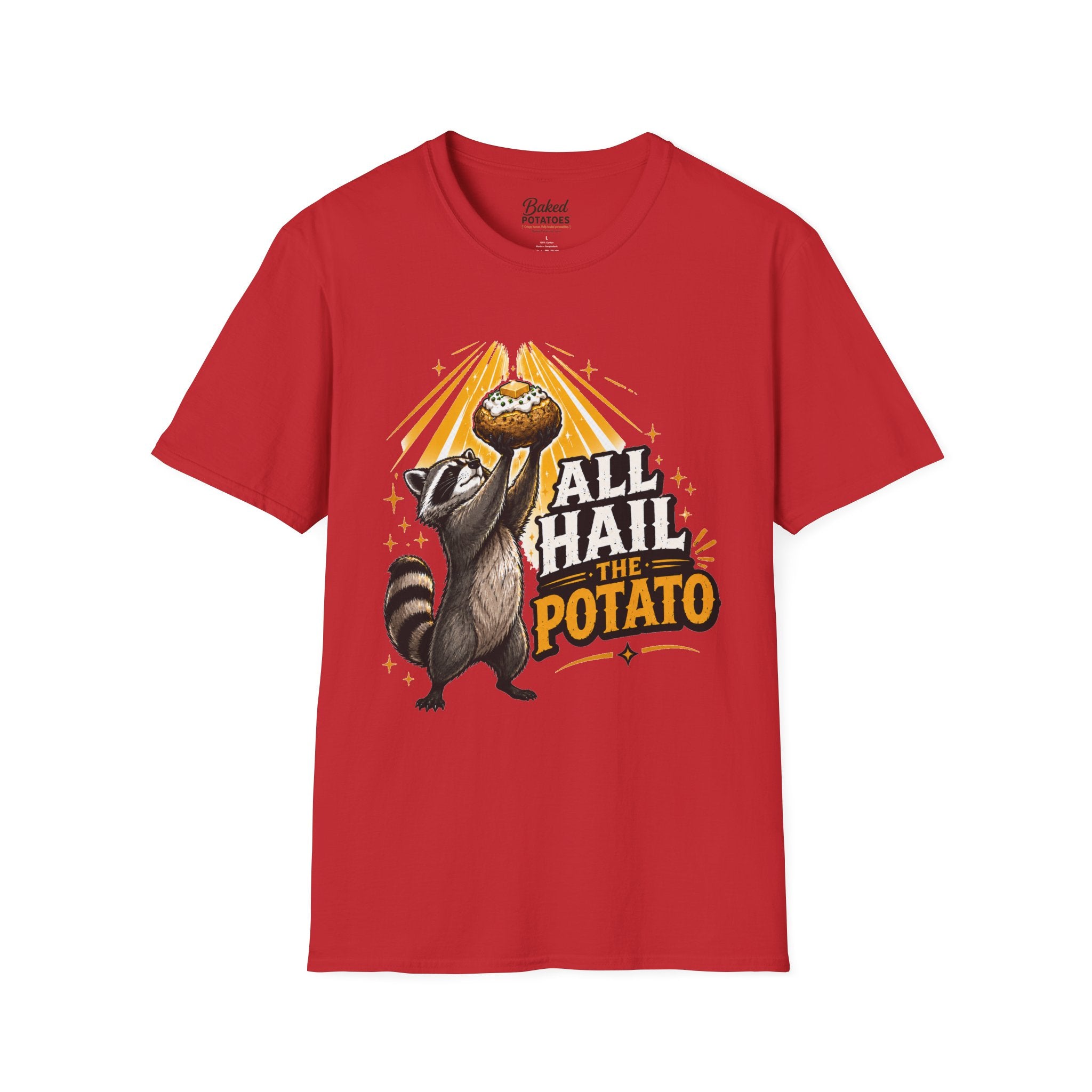 All Hail the Potato T-Shirt | Raccoon Holding Baked Potato Design