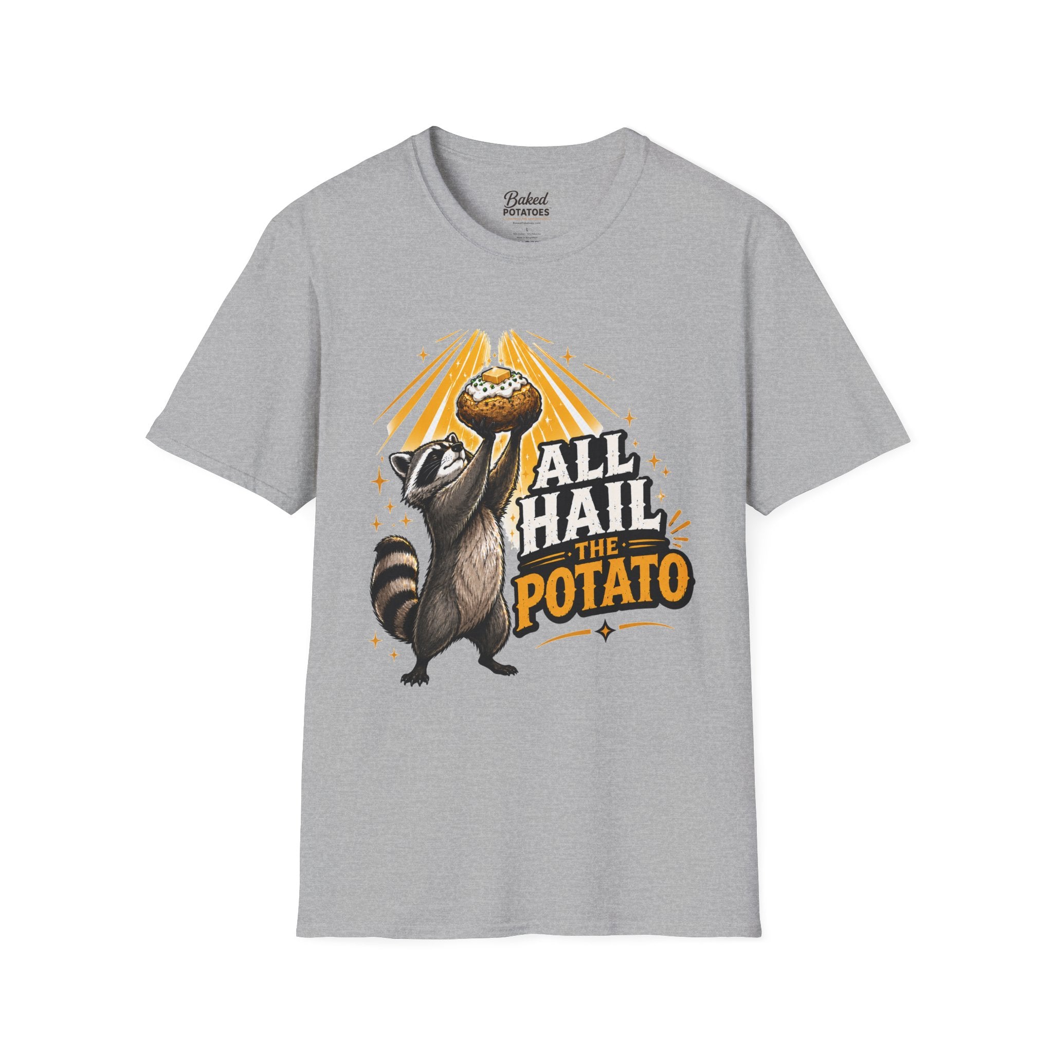 All Hail the Potato T-Shirt | Raccoon Holding Baked Potato Design